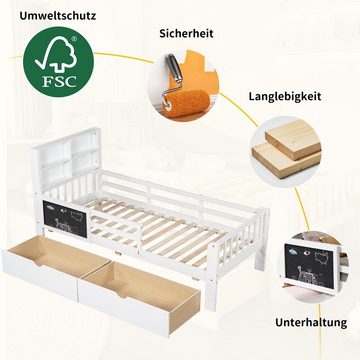 SOFTWEARY Kinderbett Einzelbett mit Lattenrost und Schubladen (90x200 cm), Kiefer, Jugendbett mit Rausfallschutz