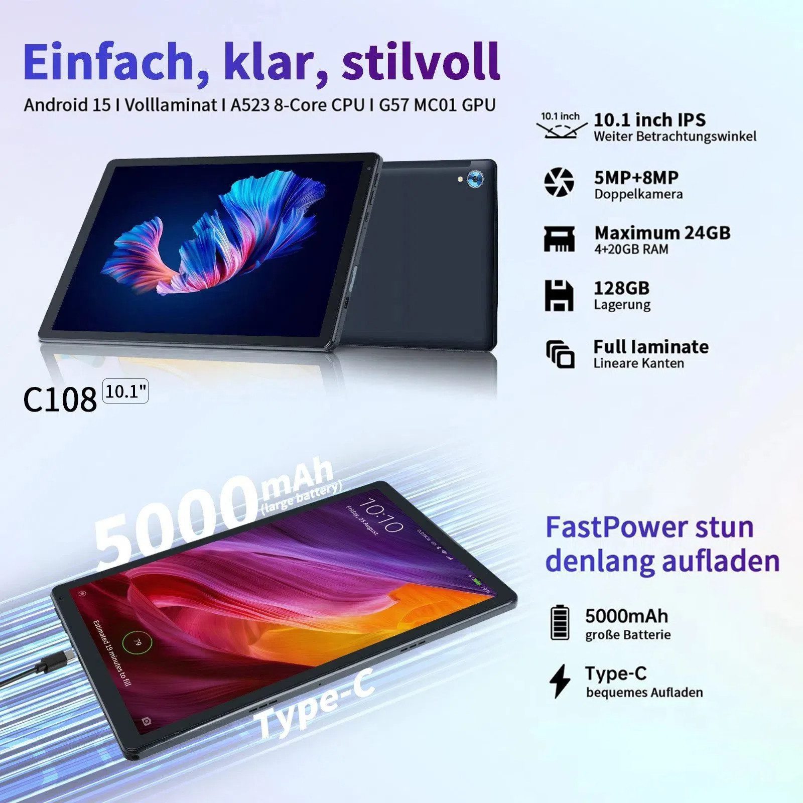 Happybe 10,1 Zoll Android, 128GB mit Tastatur Maus Stylus Hülle Set Tablet (10", 128 GB, Android, WiFi 6, 24(4+20)GB RAM, 1280×800 HD mit Blaulichtfilter für HD-Streaming)