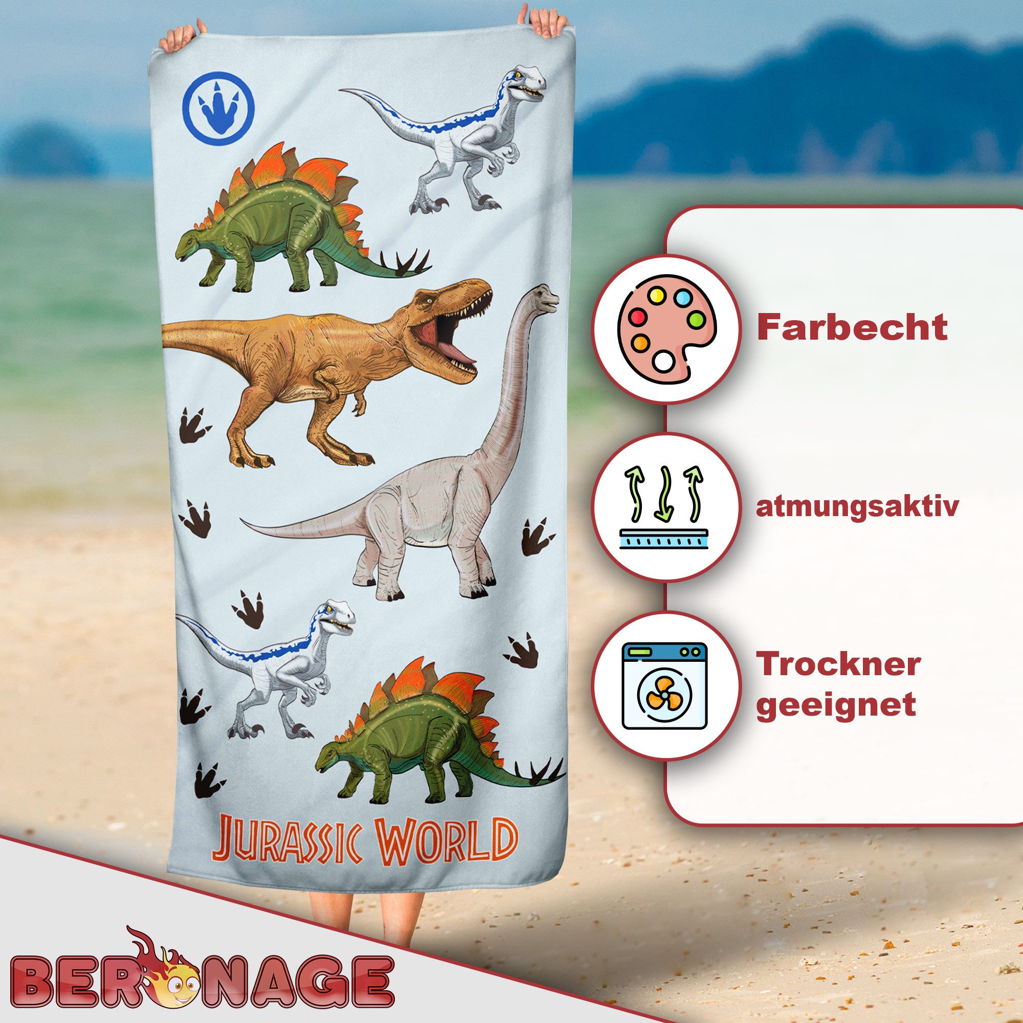 BERONAGE Strandtücher Jurassic World Badetuch Dinosaurier Park 60x120 cm, 100% Baumwolle (1-St), Frottee in Velours-Qualität