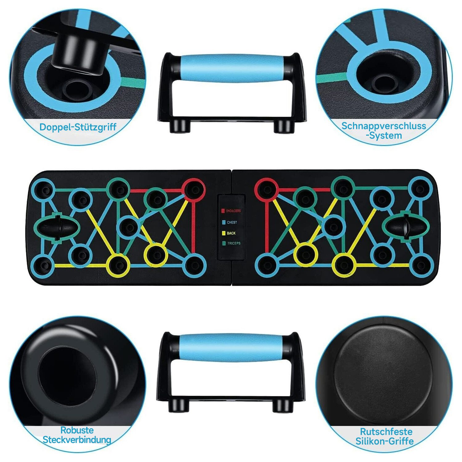 OSTWOLKE Liegestützgriffe Liegestützebrett Set Push Up Board Faltbar mit Widerstandsbänder, Faltbares Multifunktions Fitness-Board