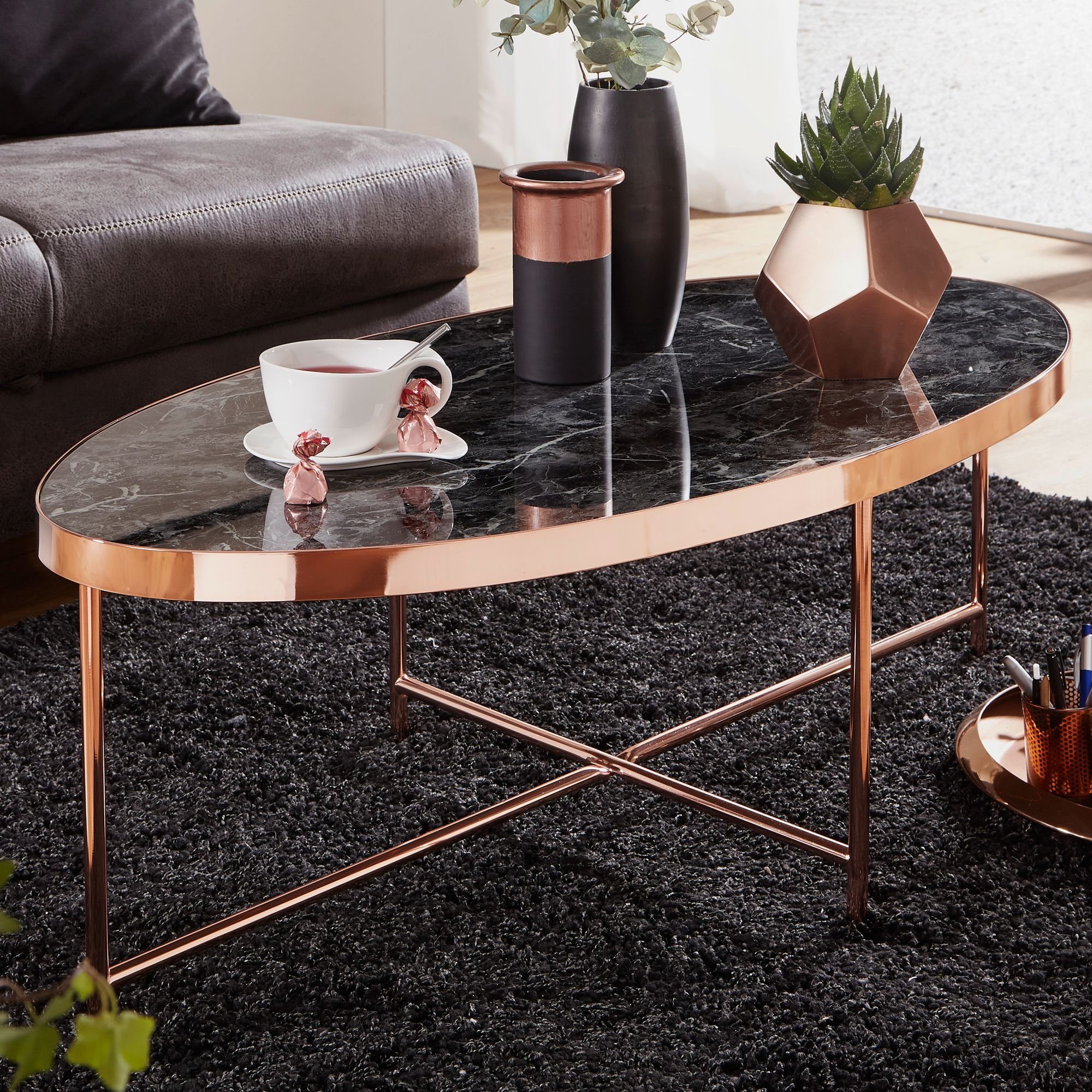 möbelando Couchtisch Design x Marmor 110 Oval Metallgestell, - Marmor Schwarz Couchtisch Design Kupfer 110, Wohnzimmertisch, Optik Lounge Optik 56 - mit Couchtisch Schwarz Oval Großer cm Tisch