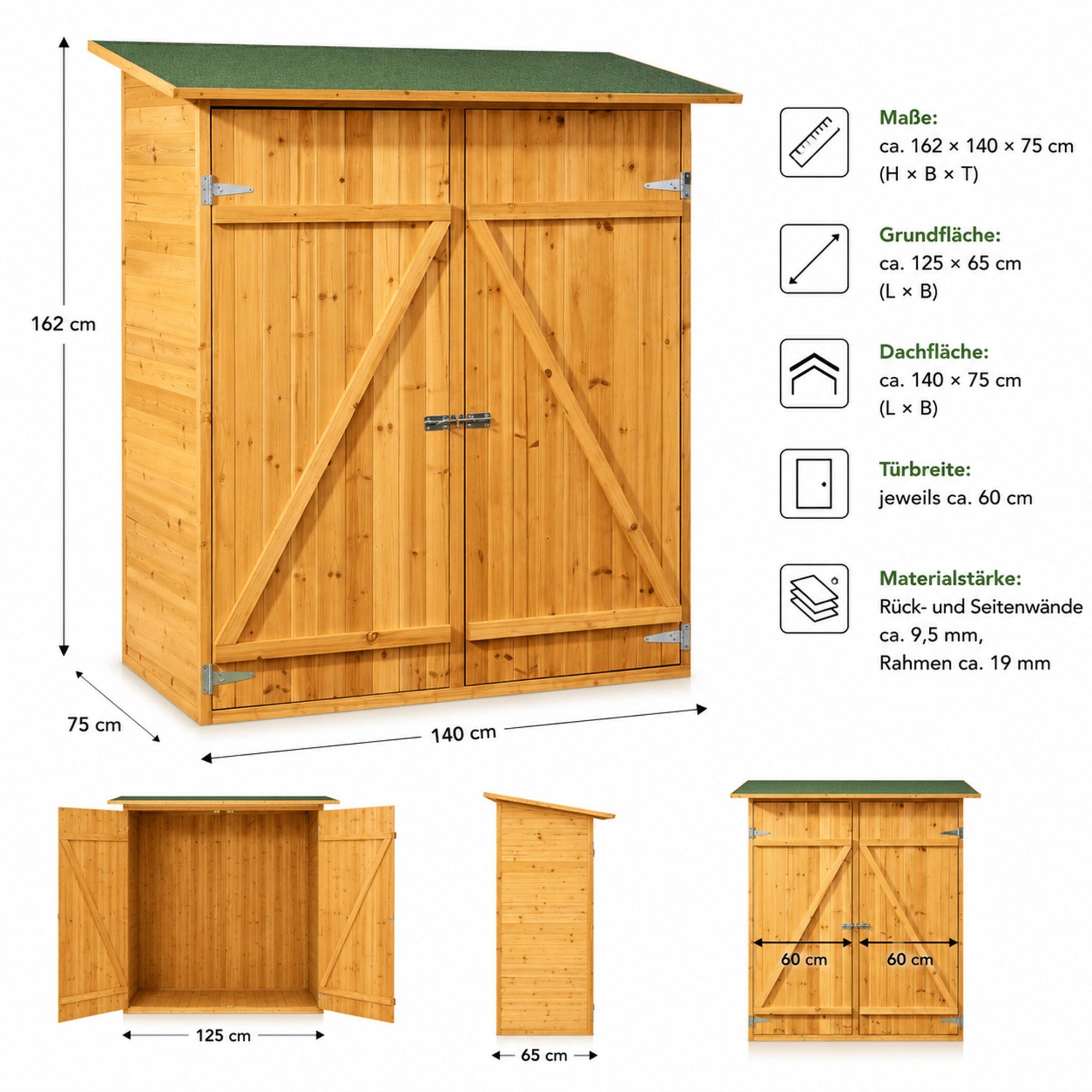 Mucola Gerätehaus Gerätehaus Geräteschuppen Gartenschrank Geräteschrank Holz Gartenhaus, BxT: 140x75 cm, (Stück, Premium-Gartenschrank), Witterungsbeständig