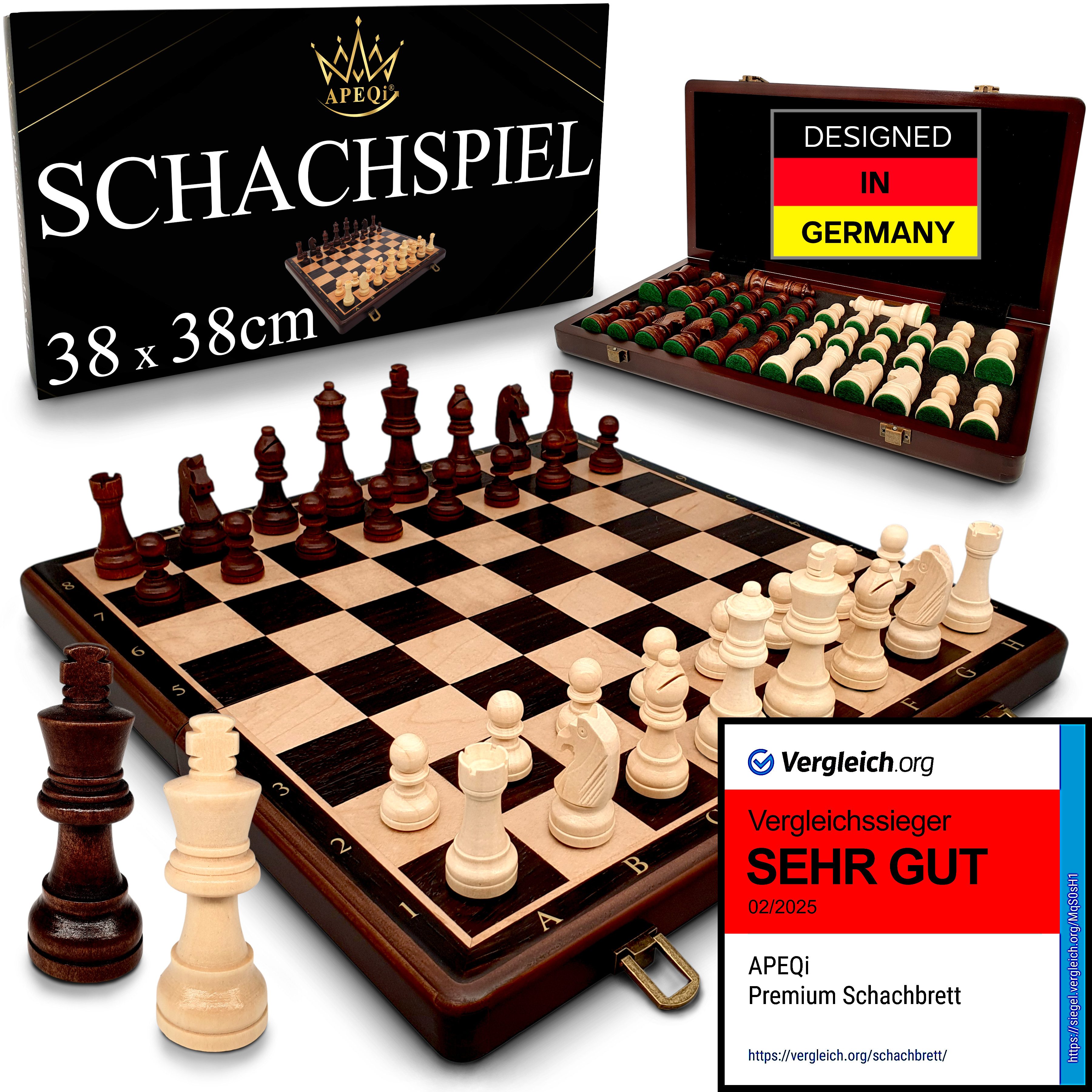 APEQi Spiel PREMIUM Schach - Schachspiel Holz hochwertig - Schachbrett mit Figuren, Massivholz, 2 EXTRA-Damen, Geschenkidee, klappbar, 34 Schachfiguren