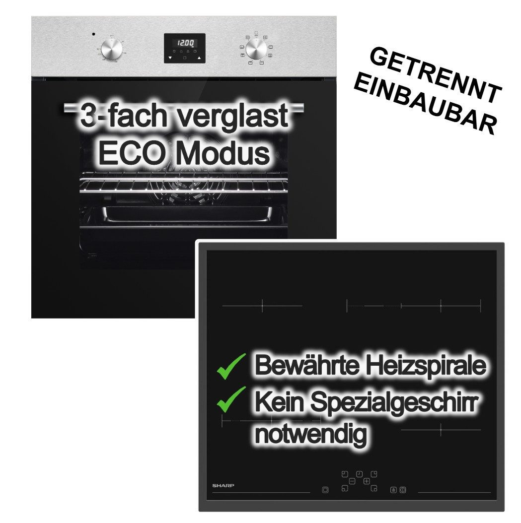PKM Backofen-Set Backofen Umluft ECO+ Sharp Elektrokochfeld Bräterzone Zweikreis Touch, mit Nein