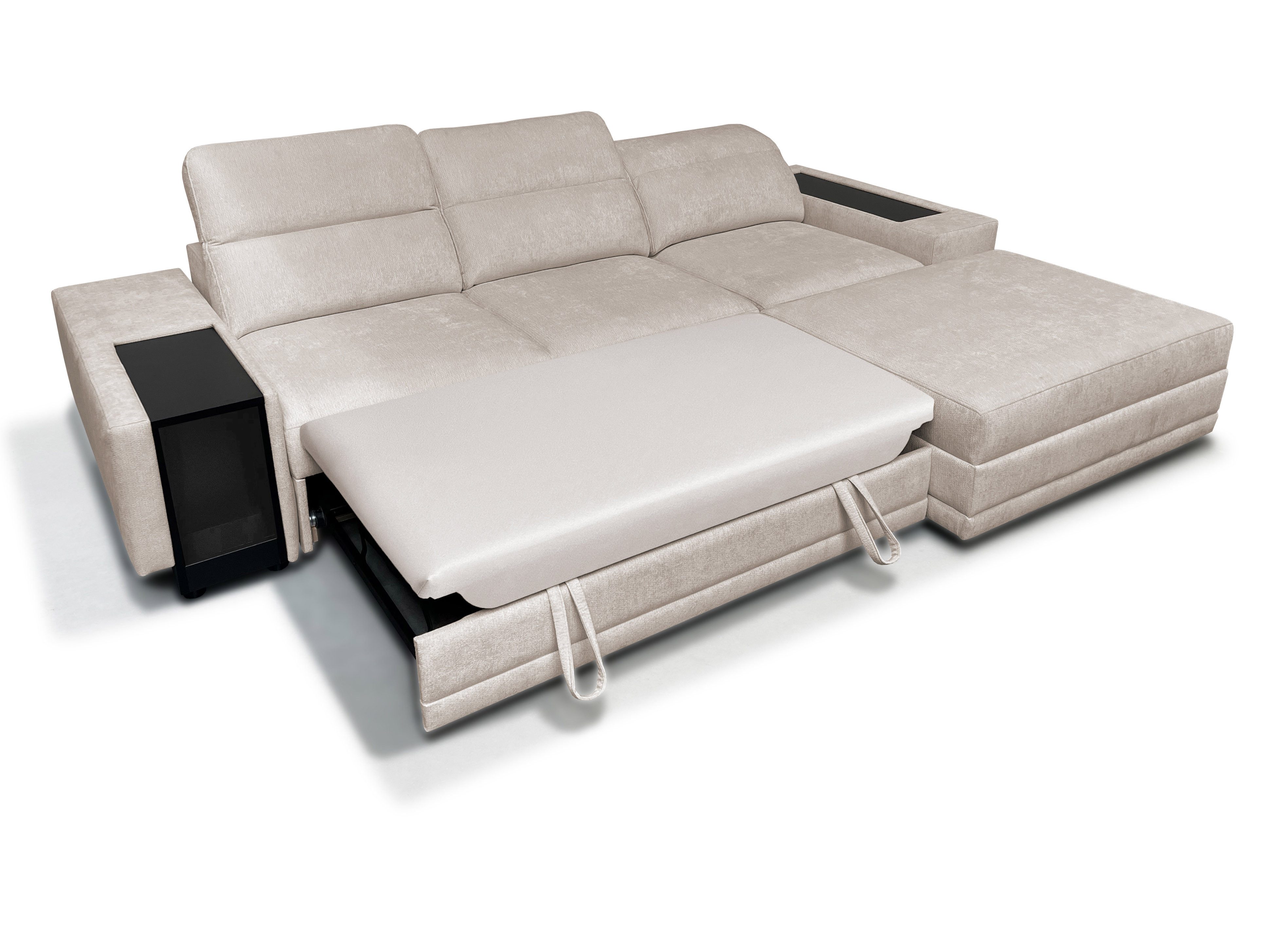 Möbel für Dich Ecksofa Enzo 1 als L-Sofa oder Sofa mit freistehendem Hocker aufstellbar, mit Schlaffunktion, Bettkasten, Minibar und verstellbaren Kopfstützen