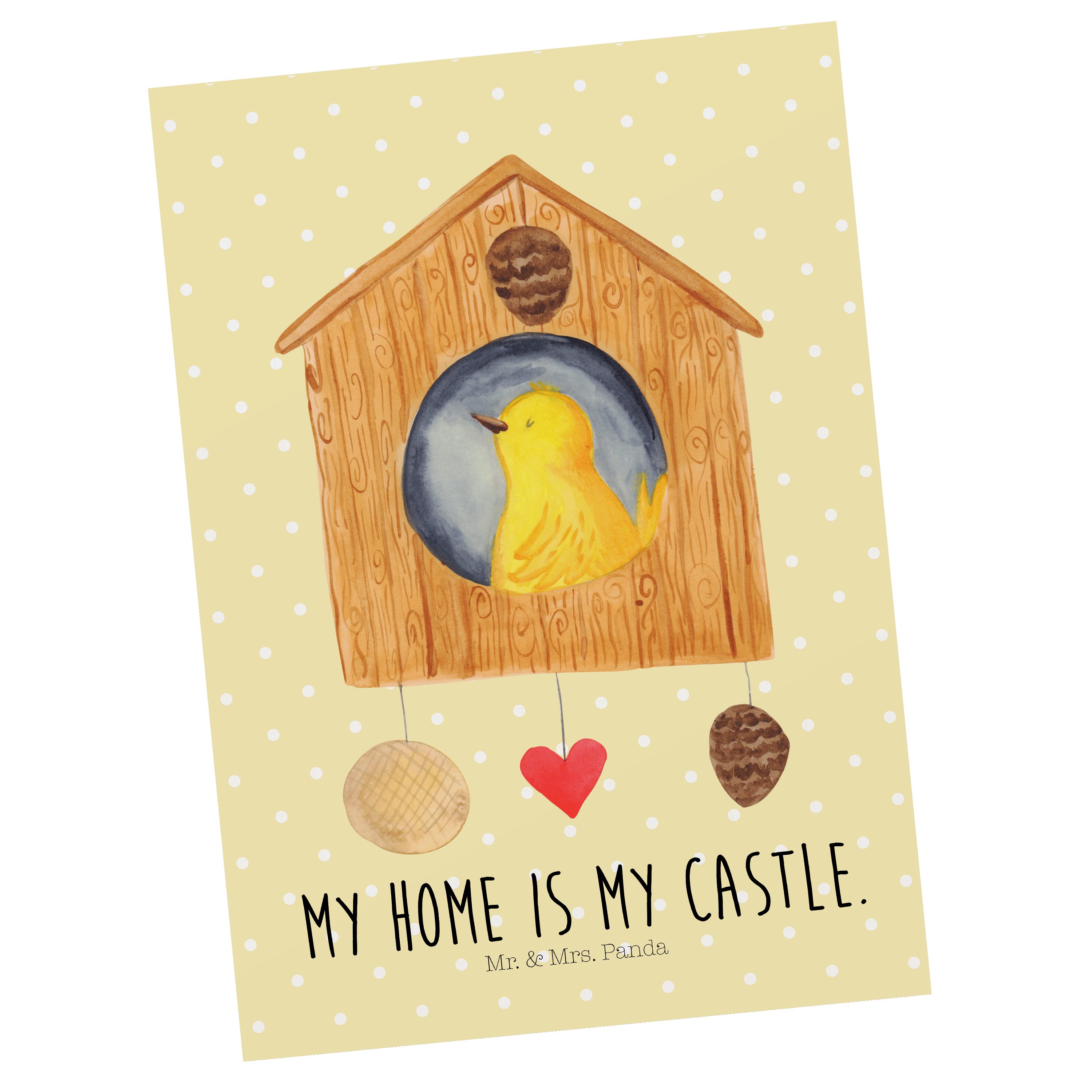 Mr. & Mrs. Panda Postkarte Vogelhaus - Gelb Pastell - Geschenk, unser Haus, Dankeskarte, Einladu