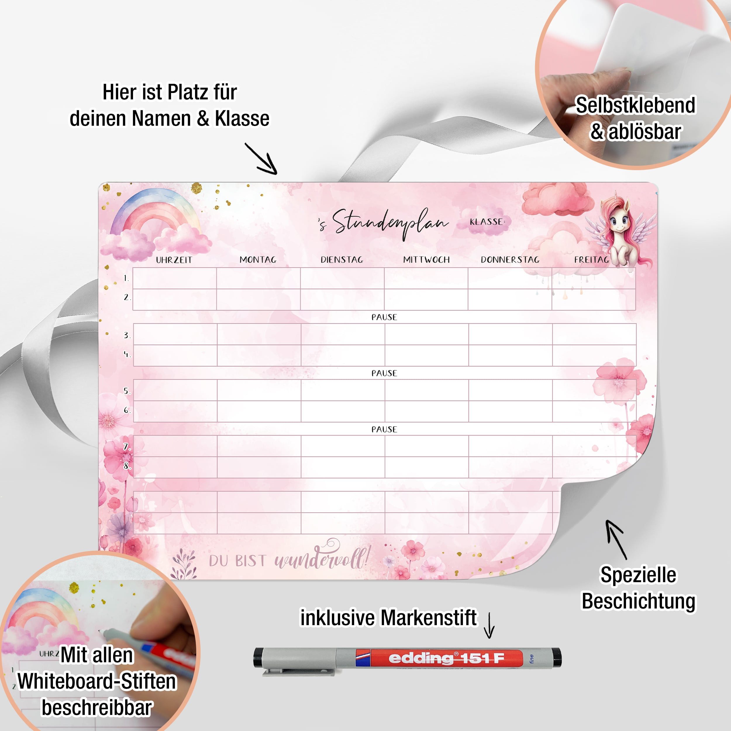 TOBJA Wandtafel Stundenplan Unicorn Einhorn - inkl. Stift, wiederablösbar, Mädchen Rosa Grundschule Wochenplaner Schule – Bild 3 von 5