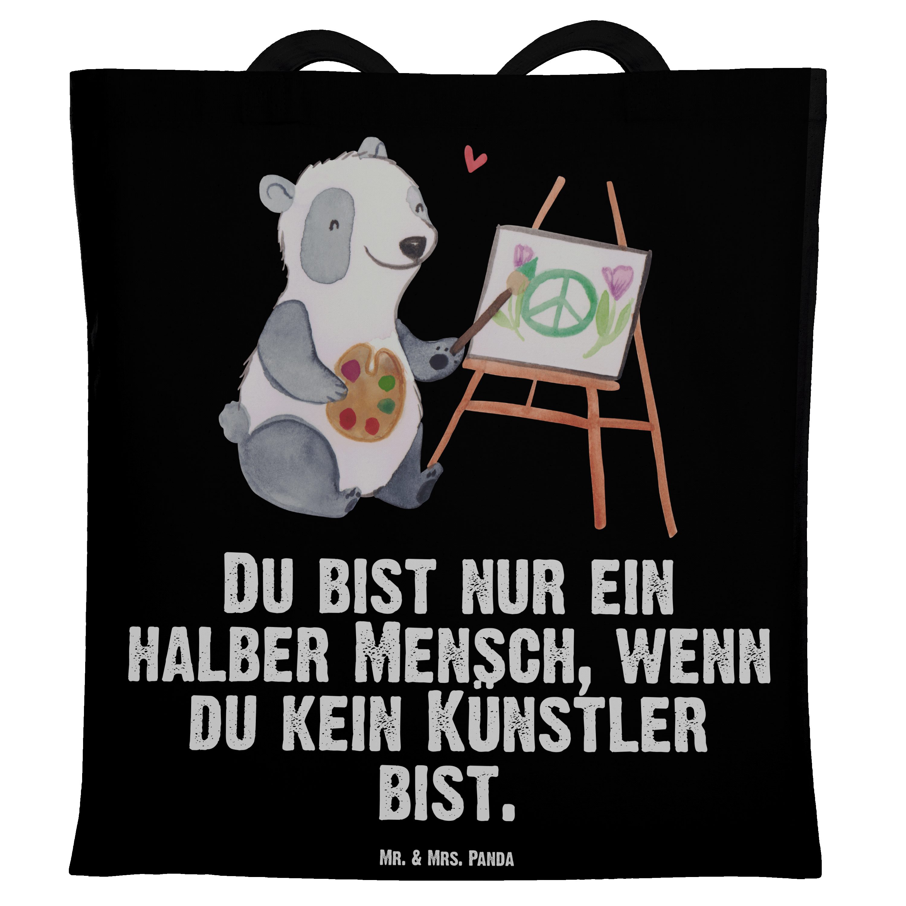 Mr. & Mrs. Panda Tragetasche Künstler mit Herz - Schwarz - Geschenk, Ausbildung, Einkaufstasche, J (1-tlg)