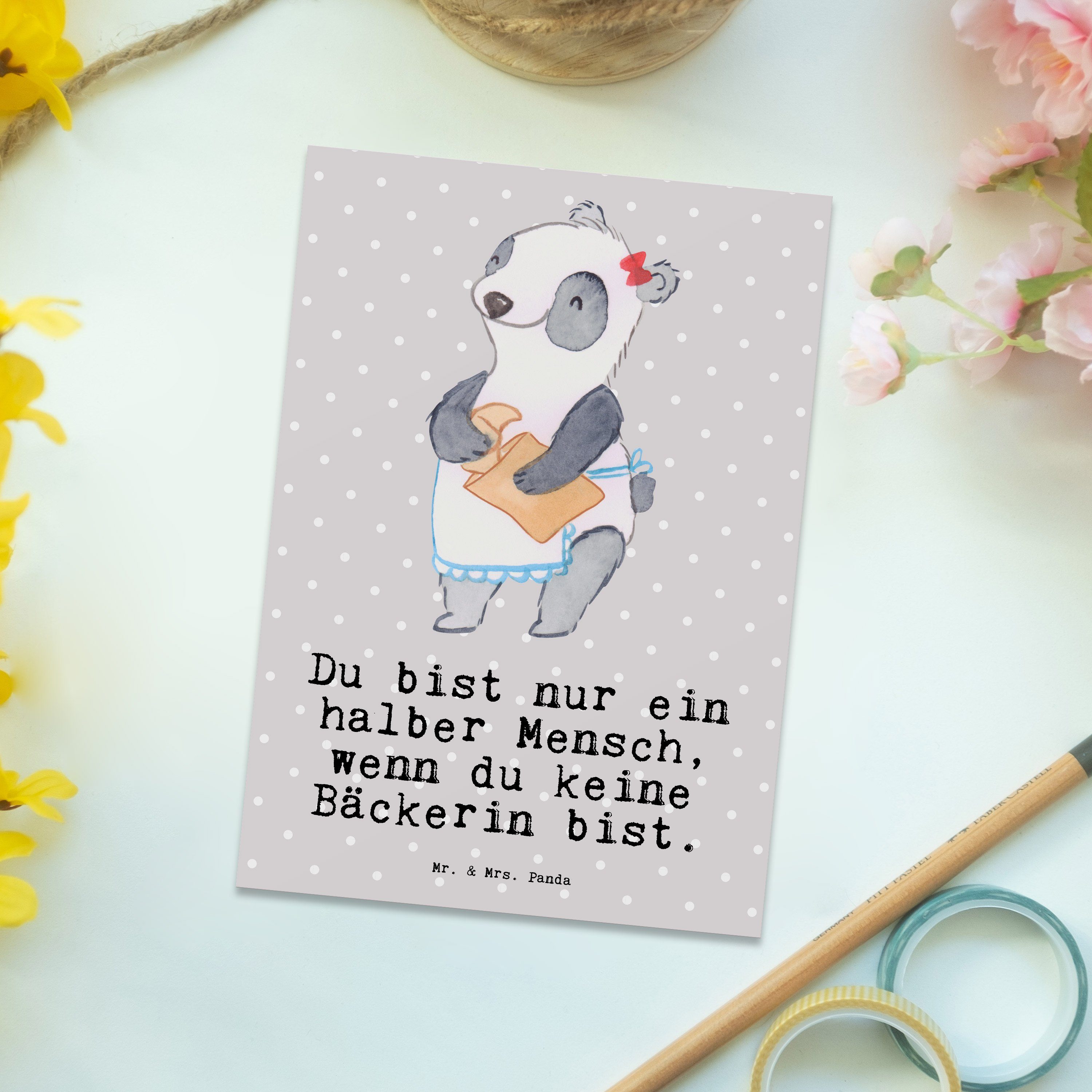 & Grau mit Pastell - Bäckerin Einladung, Mr. Panda Mrs. - Backstube, Da Geschenk, Postkarte Herz