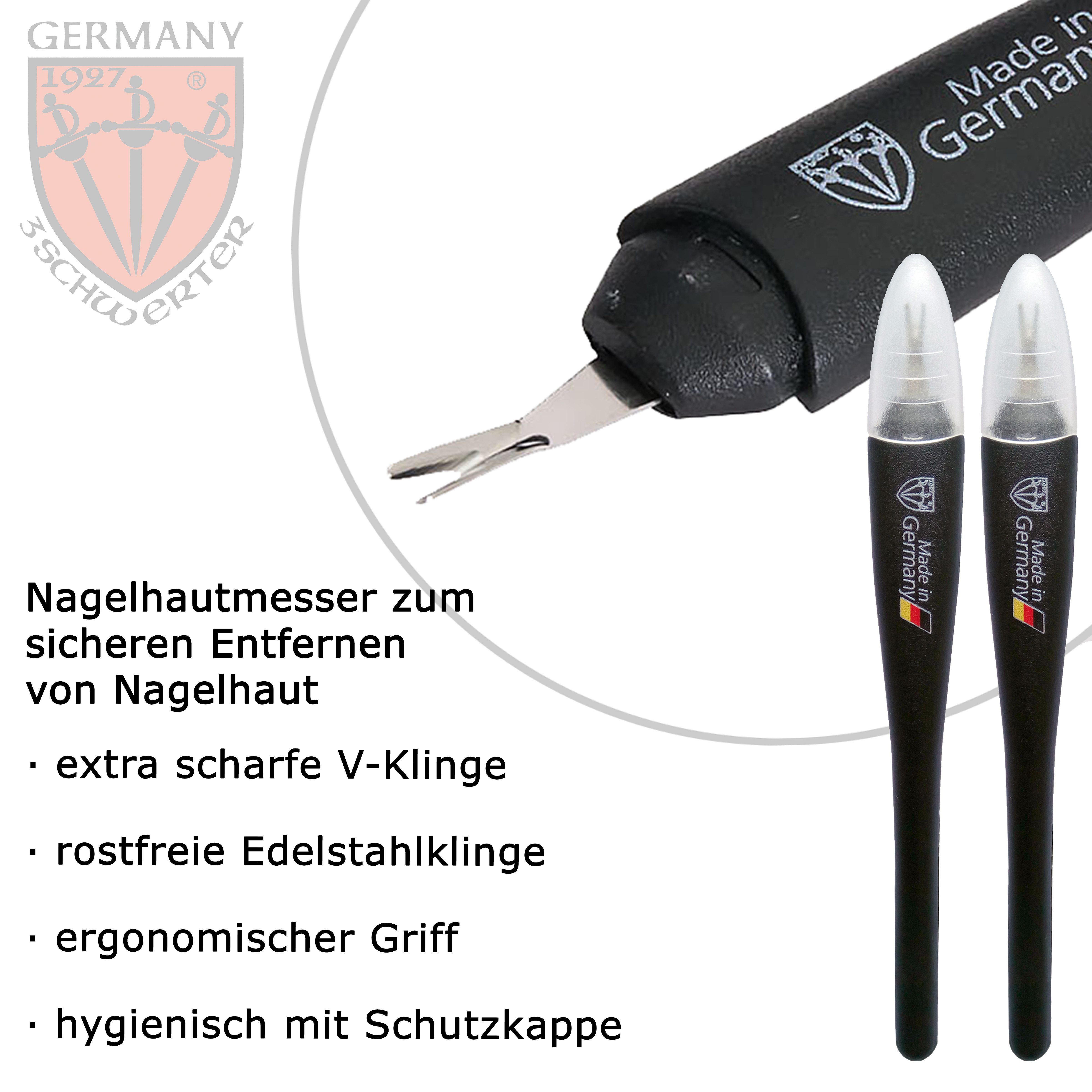 3 SCHWERTER Nagelhautmesser Nagelhautentferner, Maniküre Set mit Kunststoffetui, 2-tlg., Exaktes Nagelmesser mit extra scharfer V-Klinge, Made in Germany