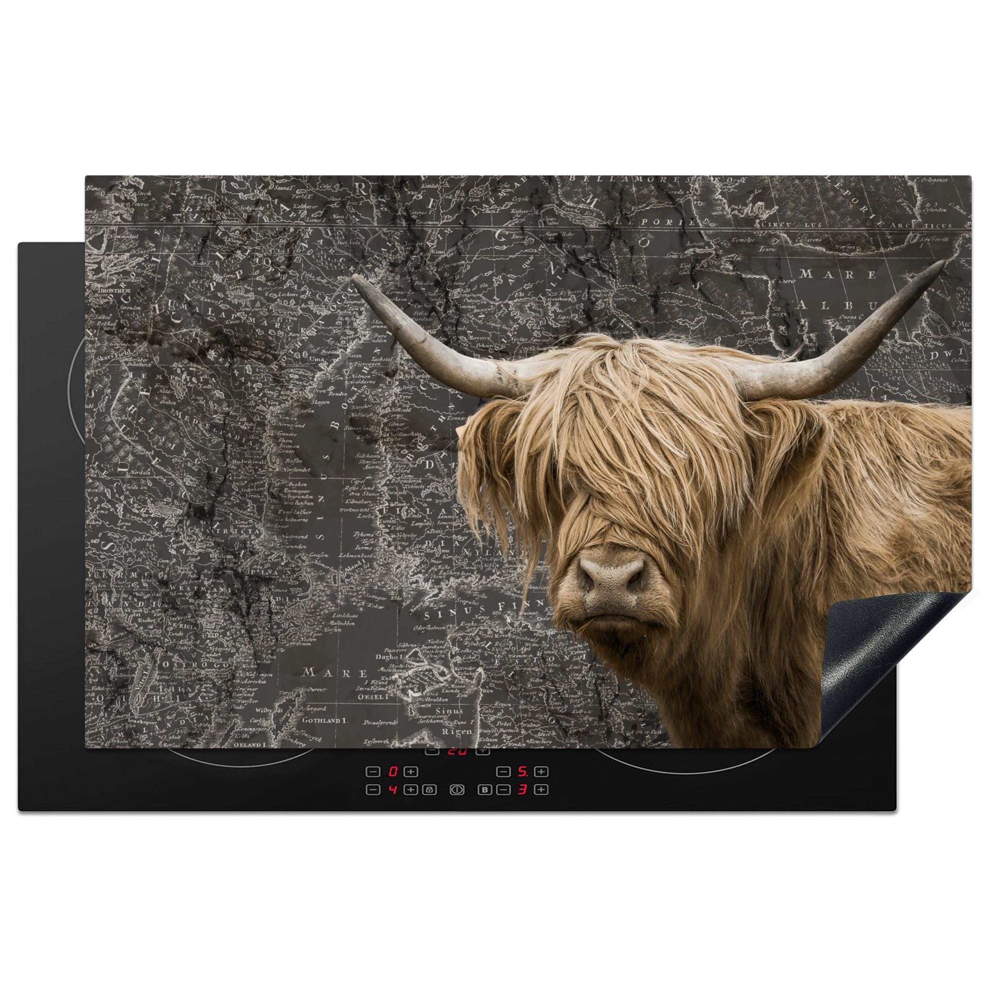 MuchoWow Herdblende-/Abdeckplatte Schottische Highlander - Weltkarte - Kuh, Vinyl, (1 tlg), 81x52 cm, Induktionskochfeld Schutz für die küche, Ceranfeldabdeckung