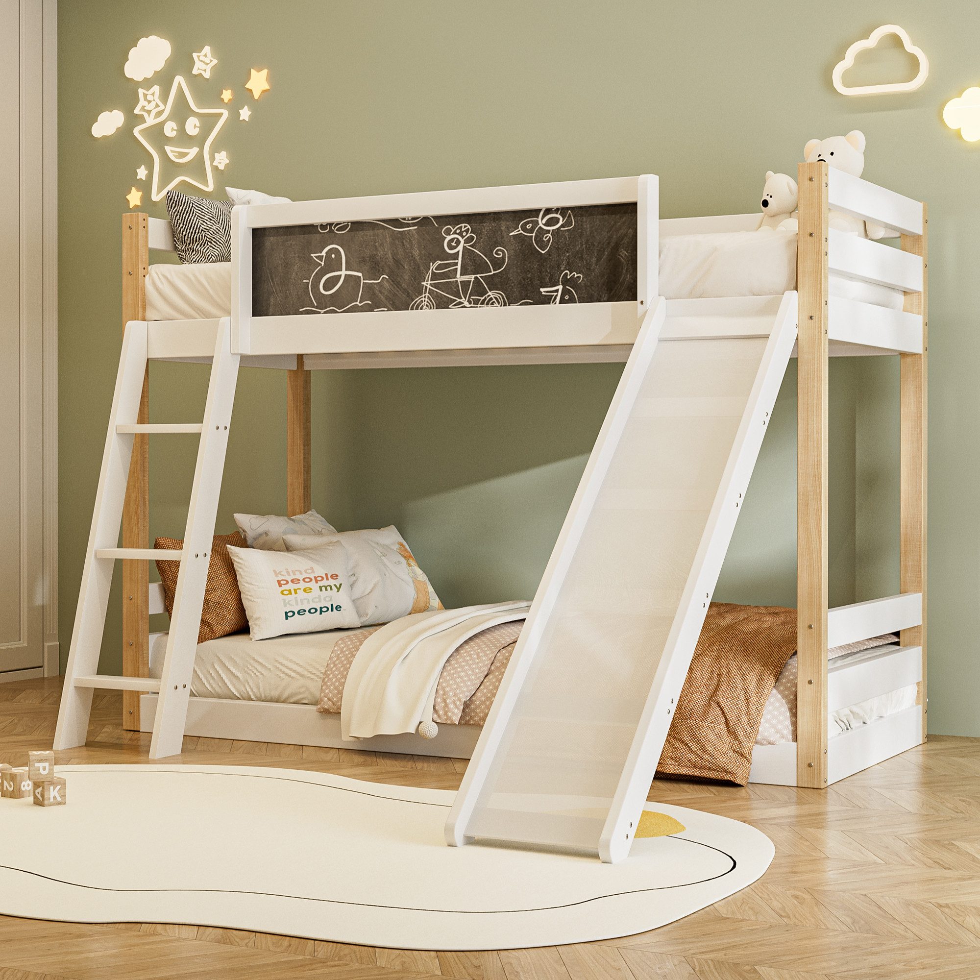 BlingBin Etagenbett Kinderbett Jugendbett Familienbett (stabilem Wood+PB-Rahmen,umweltfreundlich 747-zertifiziert, 1-St., 4-seitigem Schutzgitter,mit Rutsche,Treppe), passend für 90×200 & 90×190 cm Matratzen,einfache