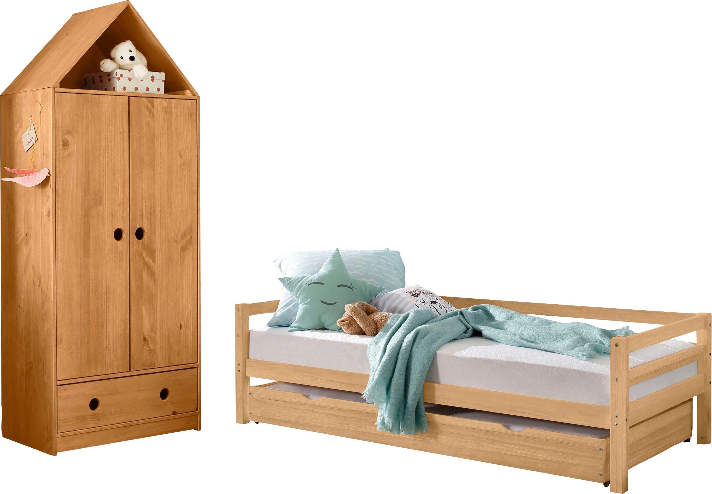 Lüttenhütt Jugendzimmer-Set Alpi, (Spar-Set, 2-St), Daybed mit 2. Liegefläche + Kleiderschrank in Hausoptik, platzsparend