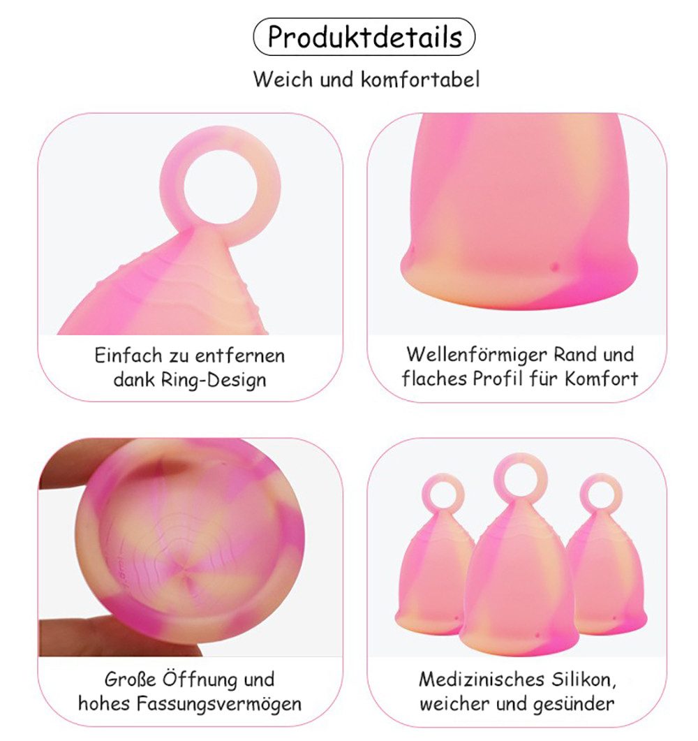 Tekoo Menstruationstasse Menstruationstassen Set mit Aufbewahrungsbeutel, 32 ml, S Gr., Mit innovativem Ring-Griff für besonders leichtes Entfernen