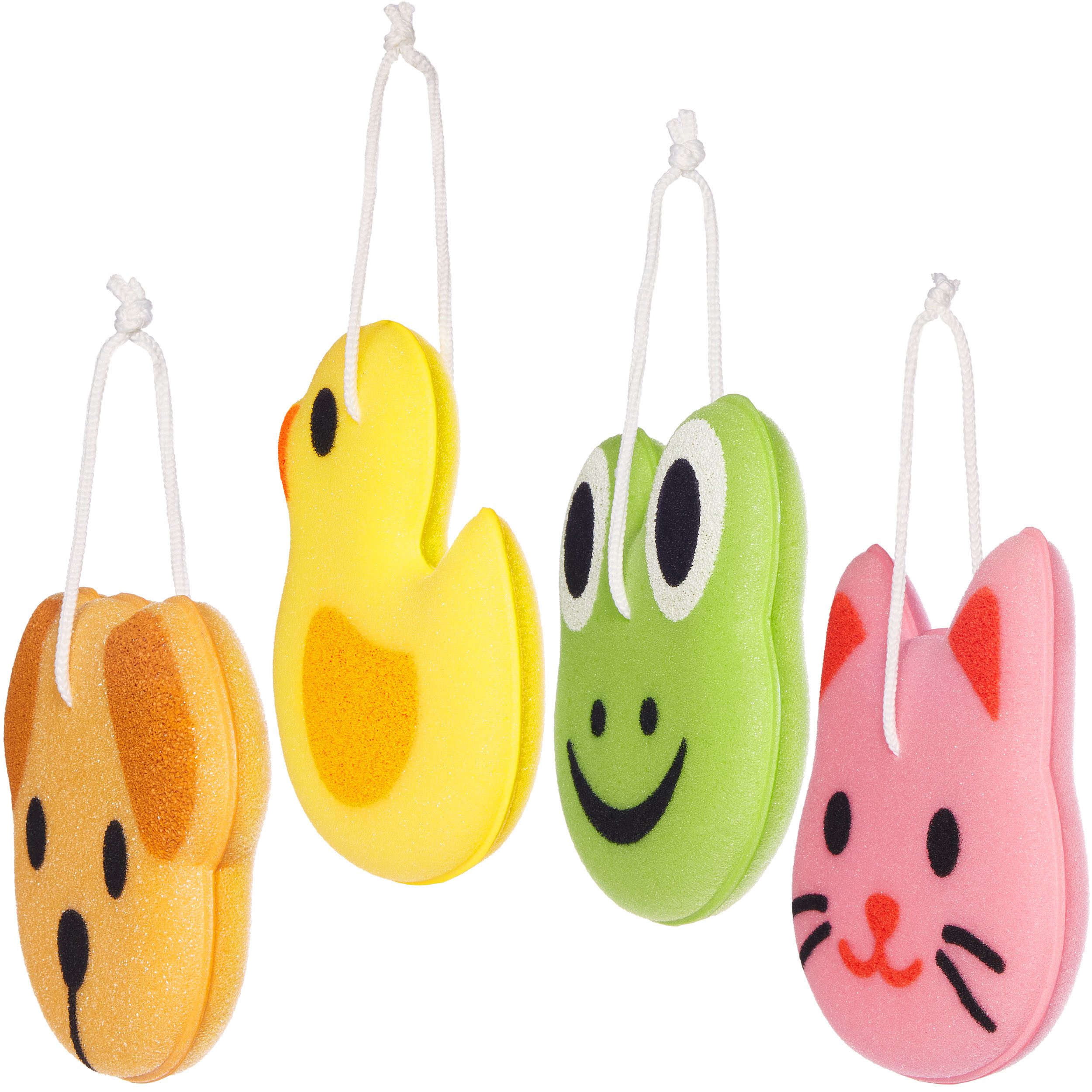 BRUBAKER Duschschwamm Badeschwamm Set Tiere - Ente, Frosch, Hund und Katze, 4-tlg., 25 g Badeknäuel Körperreinigungsschwamm für Kinder und Erwachsene