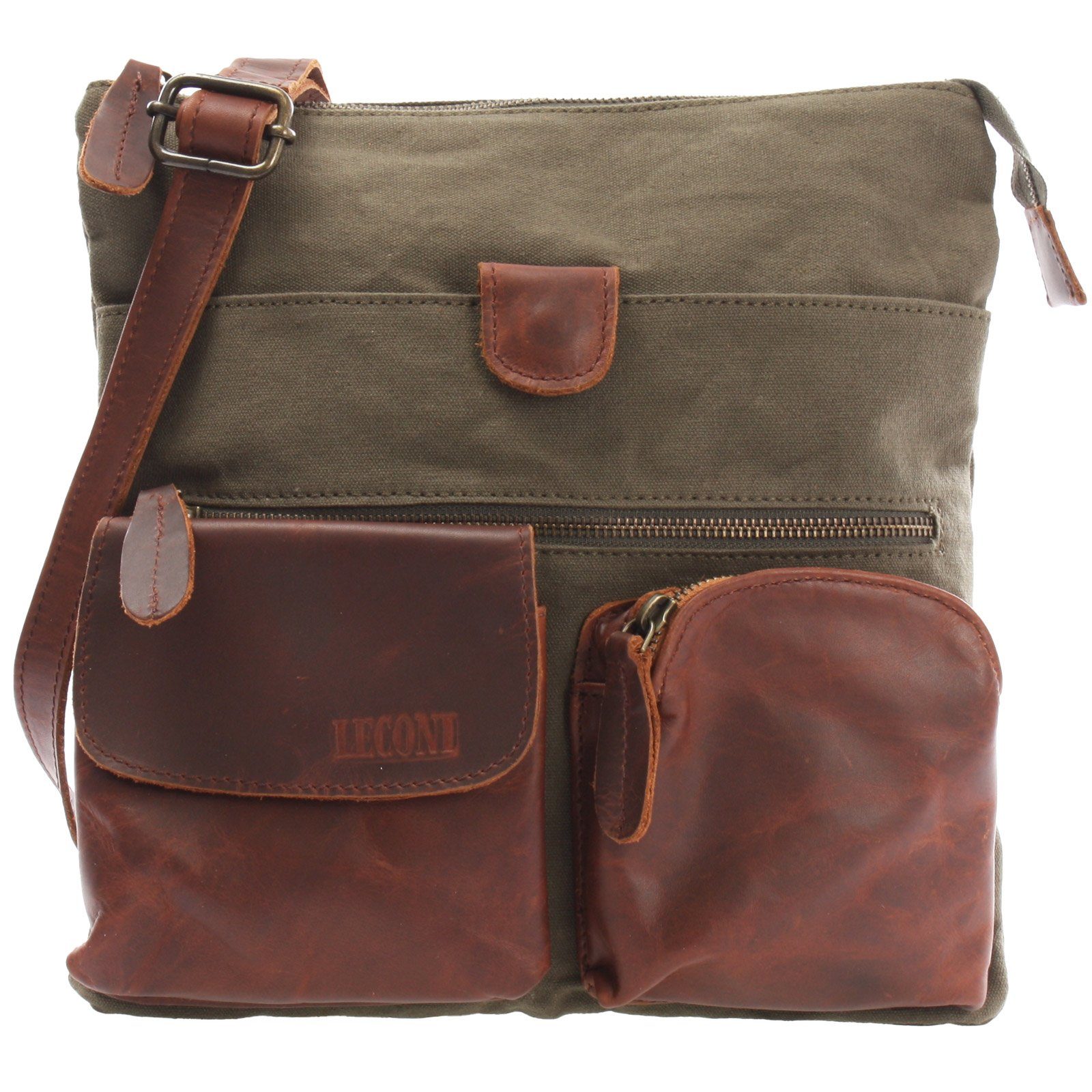 LECONI Umhängetasche Schultertasche Freizeit Crossbody Damen Herren Leder + Canvas LE3011, Canvas & Used-Look-Leder – viele Fächer – 28×30×5 cm
