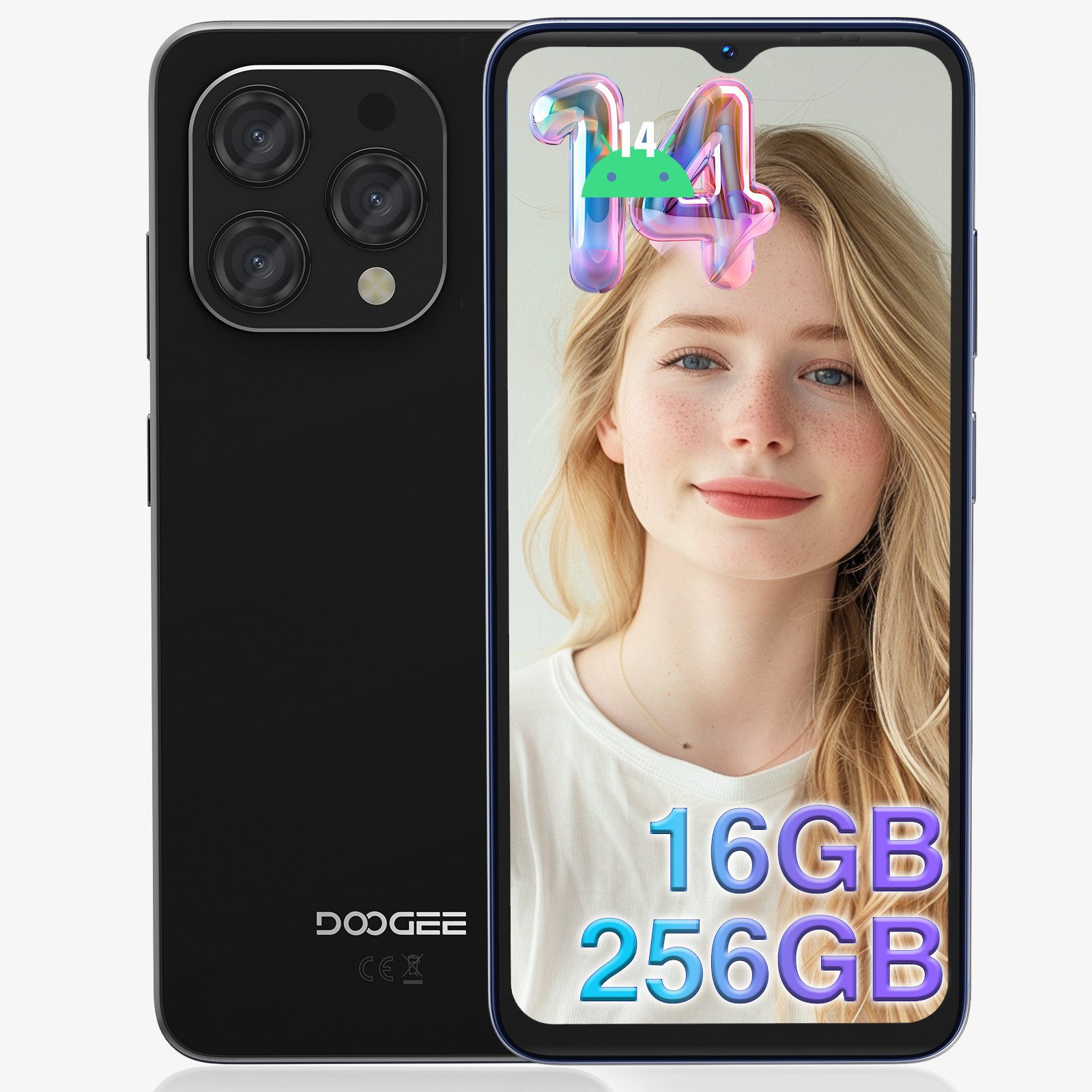 DOOGEE N55 PRO 16 GB RAM (6 + 10 GB erweitert)+256GB Android 14, 6.56" HD+ Smartphone (6.56 Zoll, 256 GB Speicherplatz, 13 MP Kamera, 13MP+8MP AI Kamera, 5150mAh Akku, Dual SIM 4G, GPS, Face ID)
