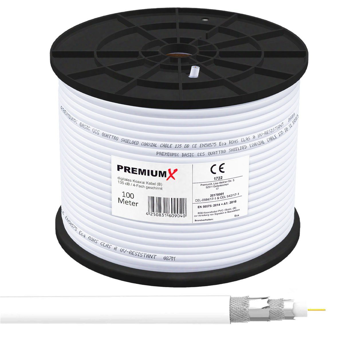 PremiumX 100m BASIC Koaxialkabel 135dB 4-fach CCS SAT Kabel Antennenkabel  TV-Kabel