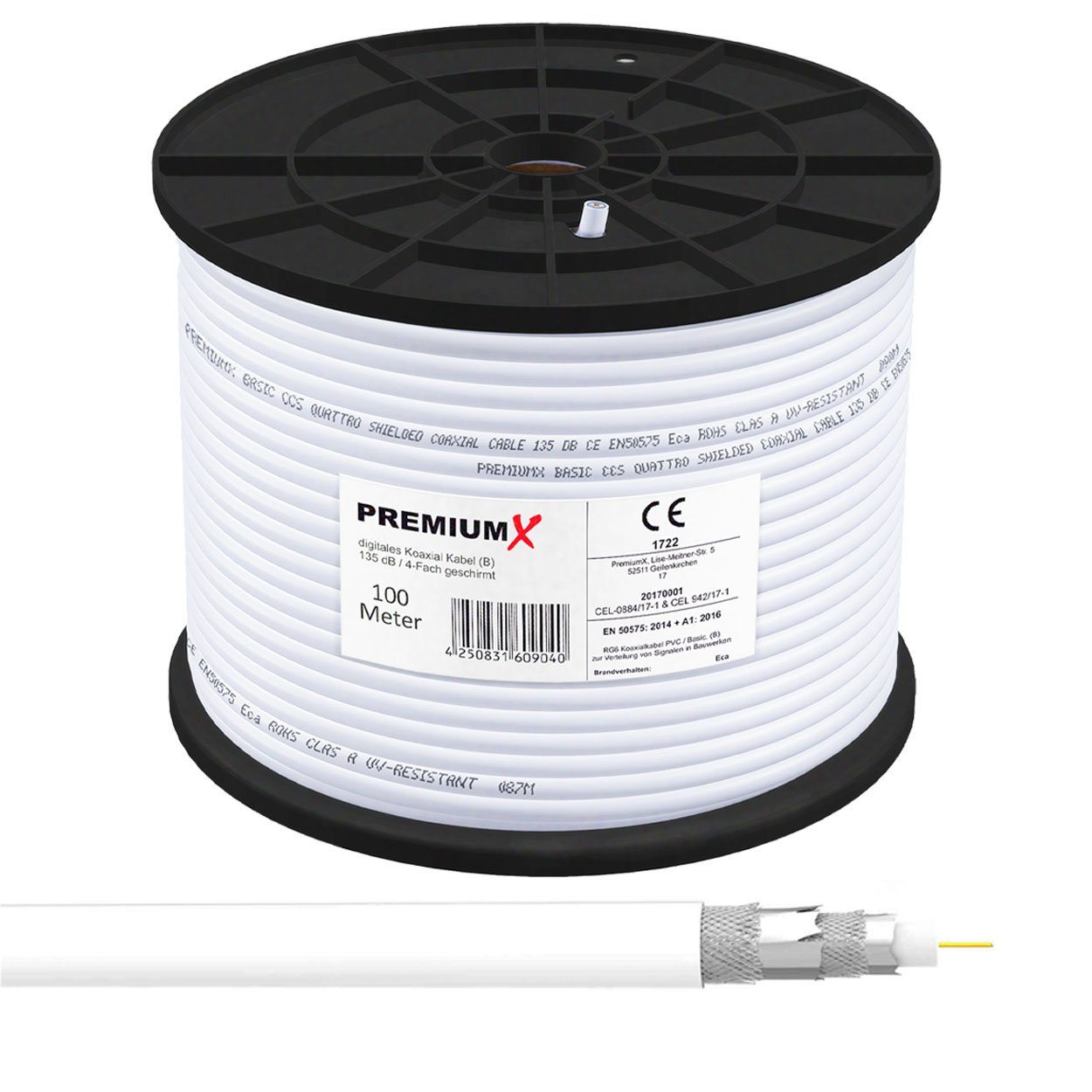 PremiumX 100m BASIC Koaxialkabel 135dB 4-fach CCS SAT Kabel ...