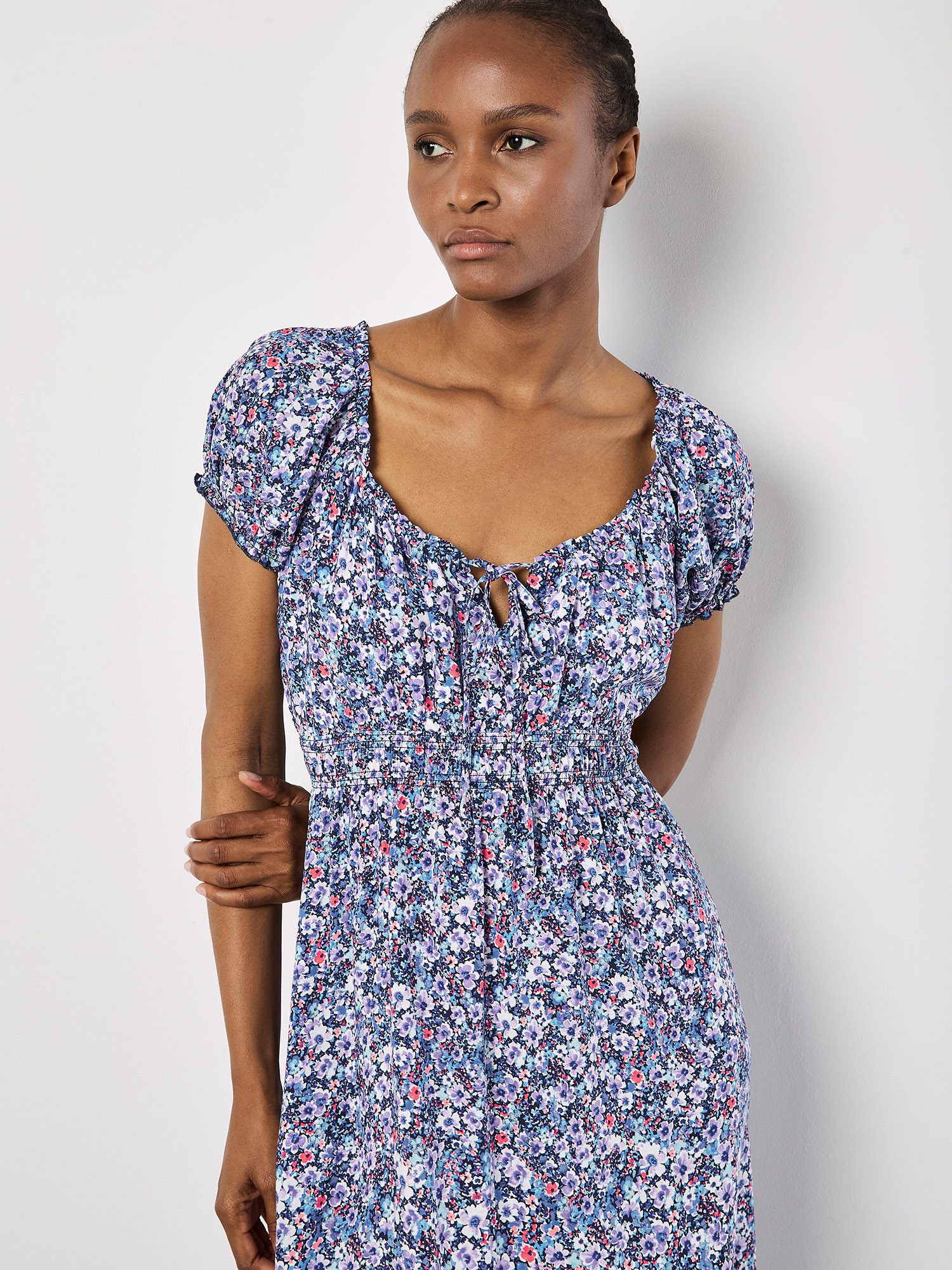 Apricot Midikleid Aquarellfarbenes geblümtes Kleid, mit elastischer Taille günstig online kaufen