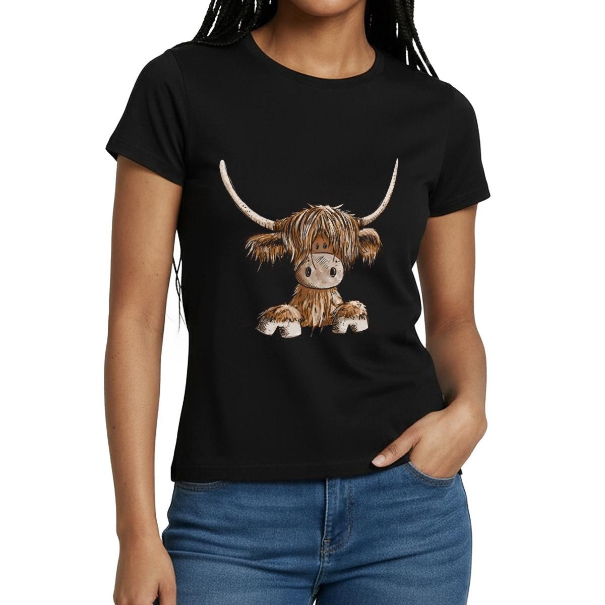 Spreadshirt T-Shirt Schottisches Hochlandrind Comic Frauen T-Shirt (1-tlg) Slim Fit, fällt klein aus