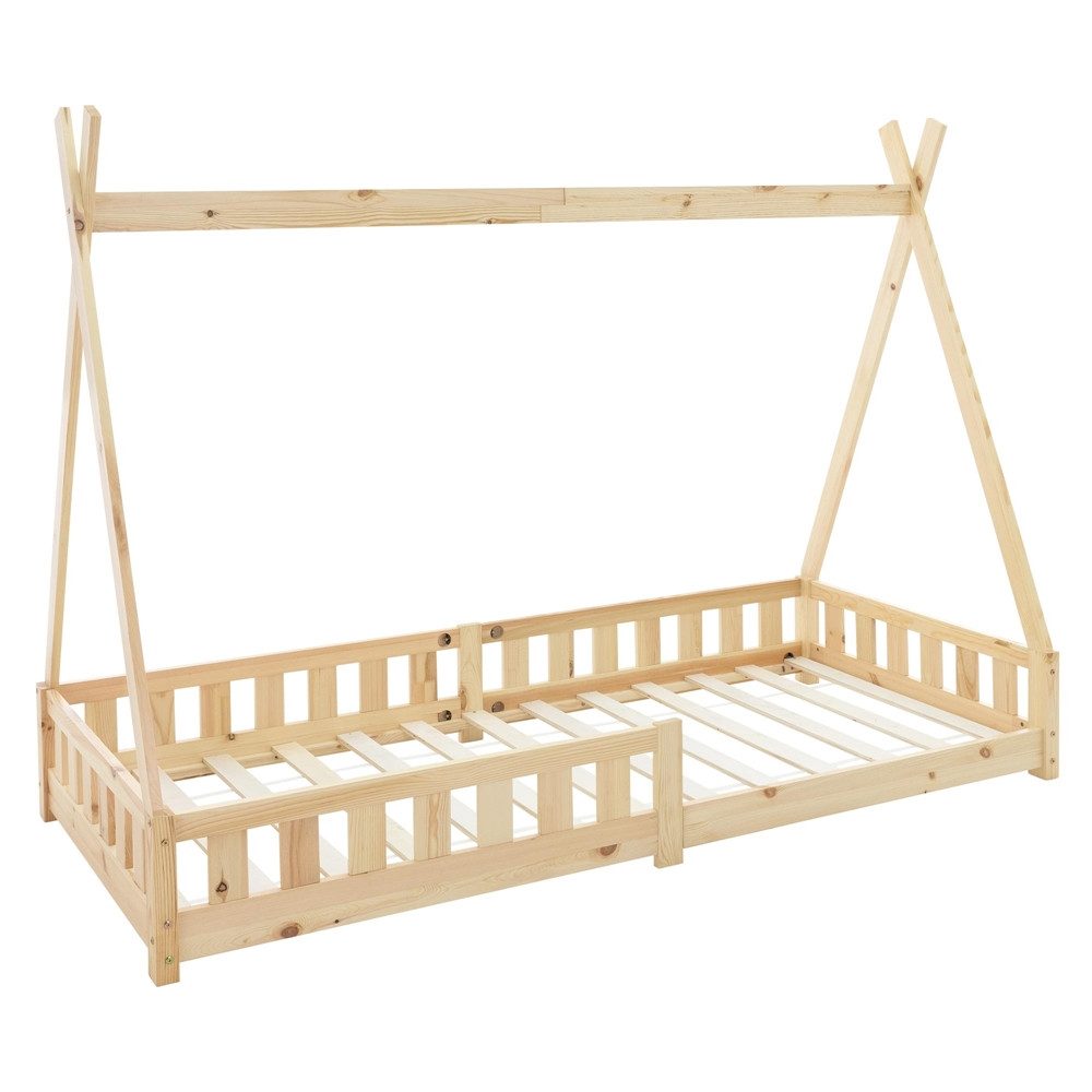 ML-DESIGN Spielbett Hausbett Tipi Zeltbett inkl. Lattenrost Bodenbett Kinder Himmelbett, Abenteuerbett mit Rausfallschutz Zelt Kinderbett Kiefer Natur