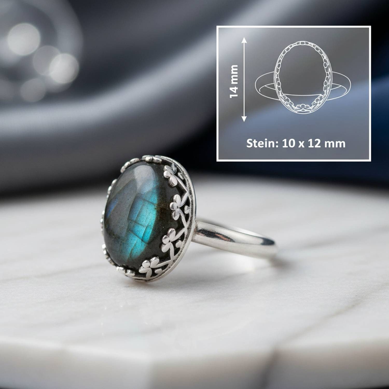 mantraroma Silberring NAPULO aus 925 Silber mit Labradorit (Ring mit Schmuckbeutel), Damenring aus 925er Silber