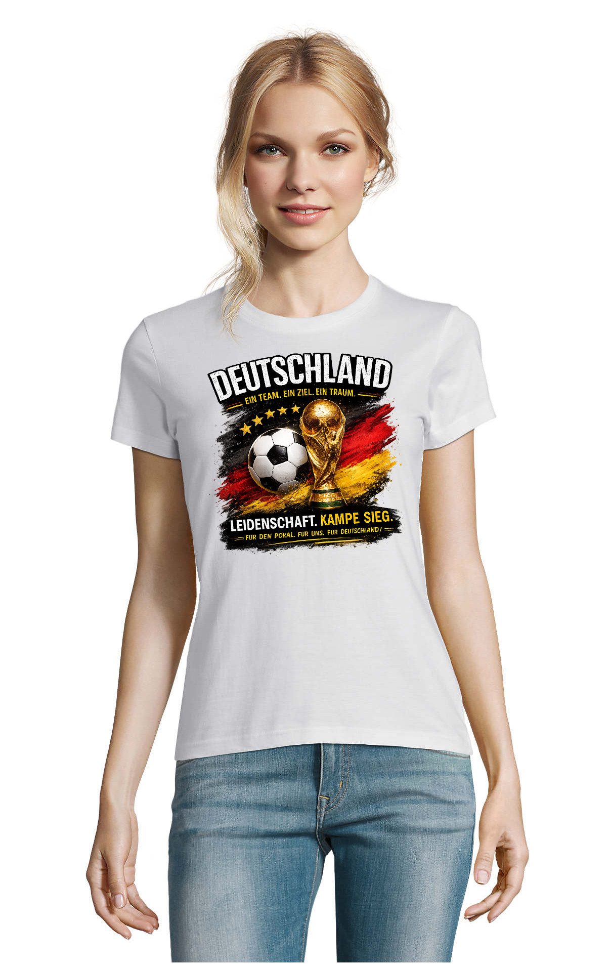 Blondie & Brownie T-Shirt DeutschlandPokal Fußball Pokal Fanmotiv Print Damen Shirt Top (Einzelartikel, Einzelartikel) DeutschlandPokal_D_Tee Fußballliebe Damenprint