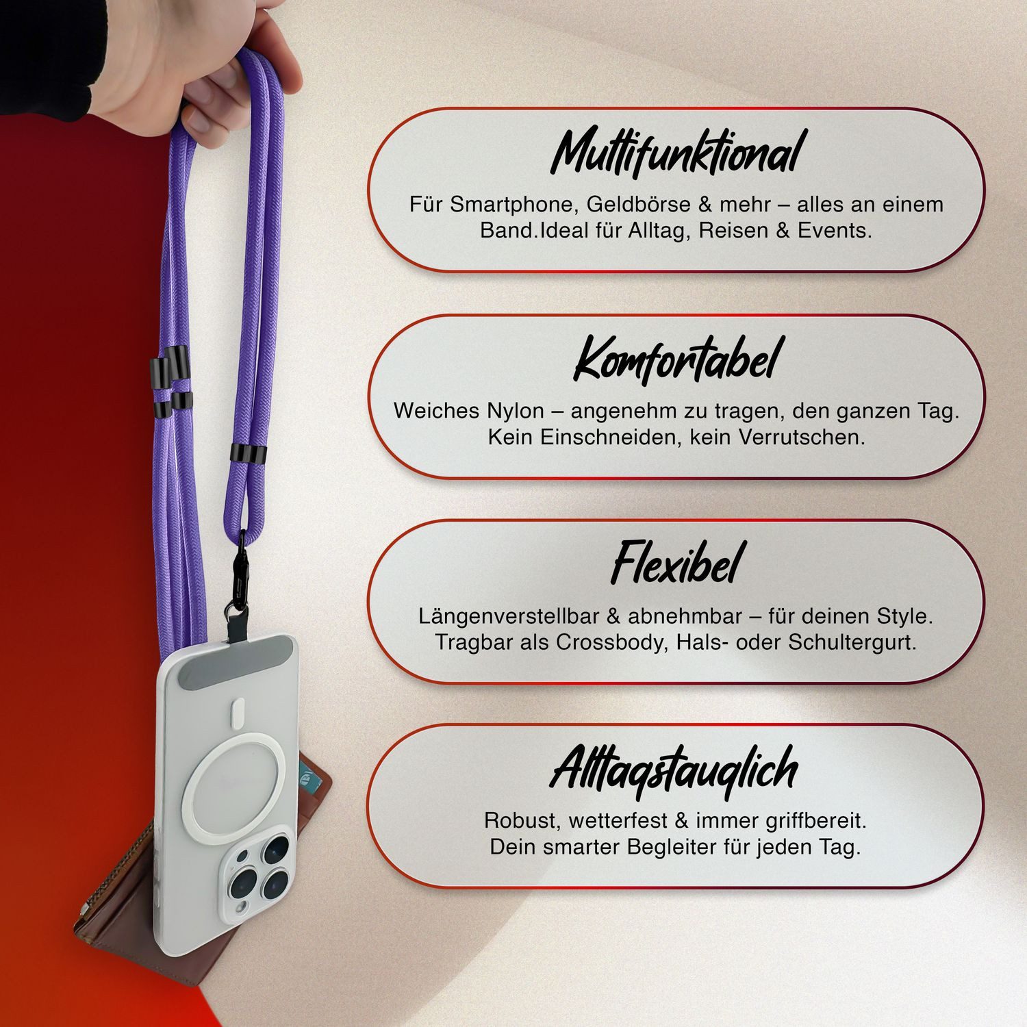 Nalia Handykette Universal Smartphone, Nylon Handyband / Karabiner Matt Schwarz & 2 Pads / 35-75cm Tragelänge