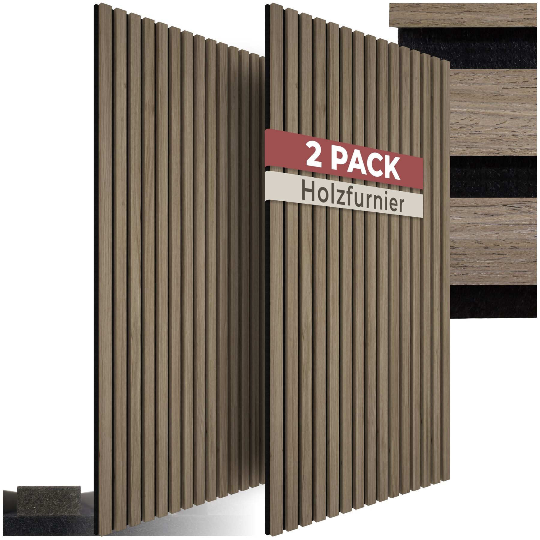 tectake Wandpaneel Akustikpaneele Sonic Wall, MDF und Echtholzfurnier - Eiche dunkel, BxL: 60x120 cm, (2 tlg., 2-tlg., je 60 x 120 x 2,1 cm, Größe flexibel anpassbar) schallabsorbierender Filz, einfache Montage mit Kleber oder Schrauben