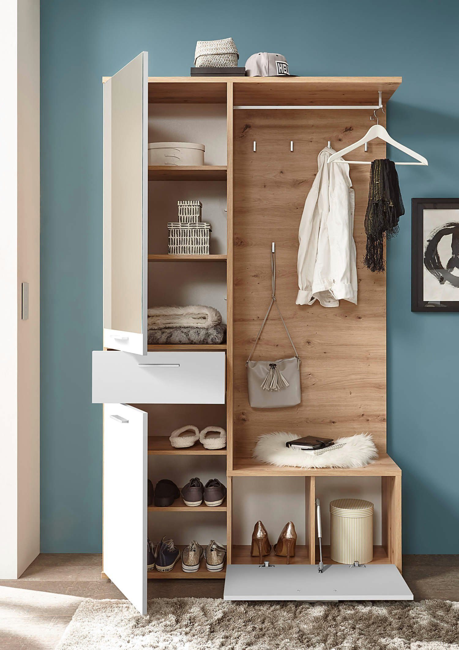 moebel-dich-auf Kompaktgarderobe ENTRY (Garderobenschrank + Paneel + Schuhschrank, in Artisan Eiche Nb. / Weiß) 117 cm breit – Bild 4 von 4