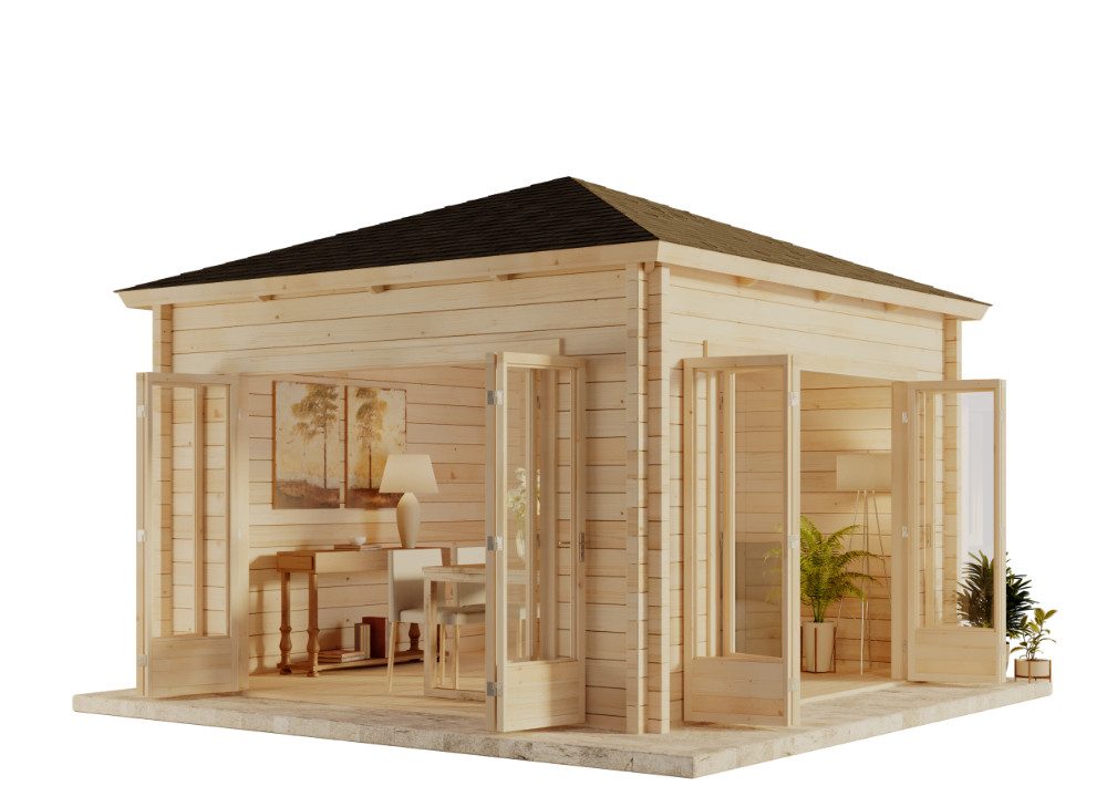 Alpholz Gartenhaus Holz Sunshine mit großer Falttür, BxT: 390x390 cm, in Naturbelassen mit 34mm Wandstärke