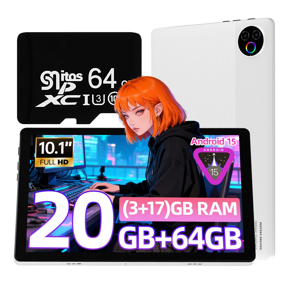 Happybe 10 Zoll 20(3+17)GB RAM + 64GB Android 15 HD-Touchscreen Tablet (10", 64 GB, Android, WiFi, mit Augenschutz-Display & 64 GB microSD-Karte)