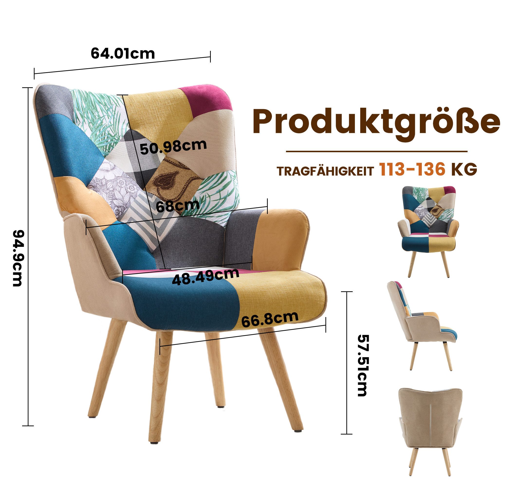 Aunekiv Sessel Patchwork-Sessel Ohrensessel aus Leinen mit Massivholz-Füßen (1-St), Relaxsessel für Wohnzimmer, Schlafzimmer & Leseecke – Bild 2 von 5