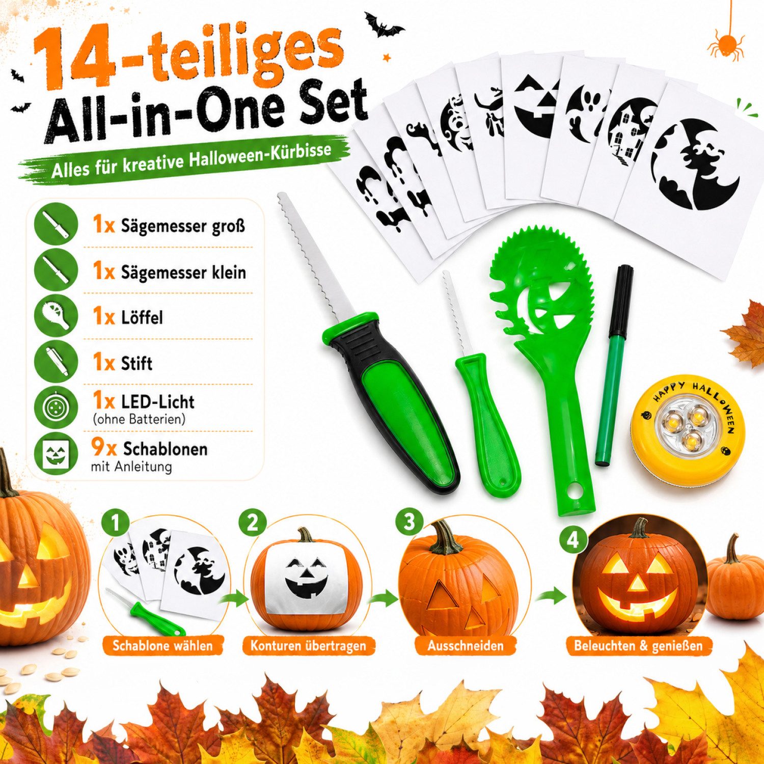 com-four Schälmesser Kürbis Schnitz-Set für Halloween, Schneide-Werkzeuge – Bild 2 von 5