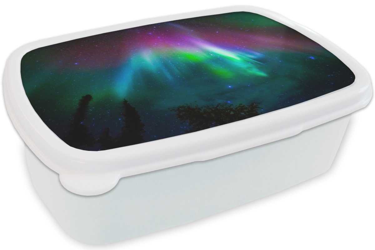 MuchoWow Lunchbox Nordlichter - Kunststoff, und Kinder Sternenhimmel Erwachsene, weiß und (2-tlg), für Mädchen für Brotbox Brotdose, Jungs - Farben