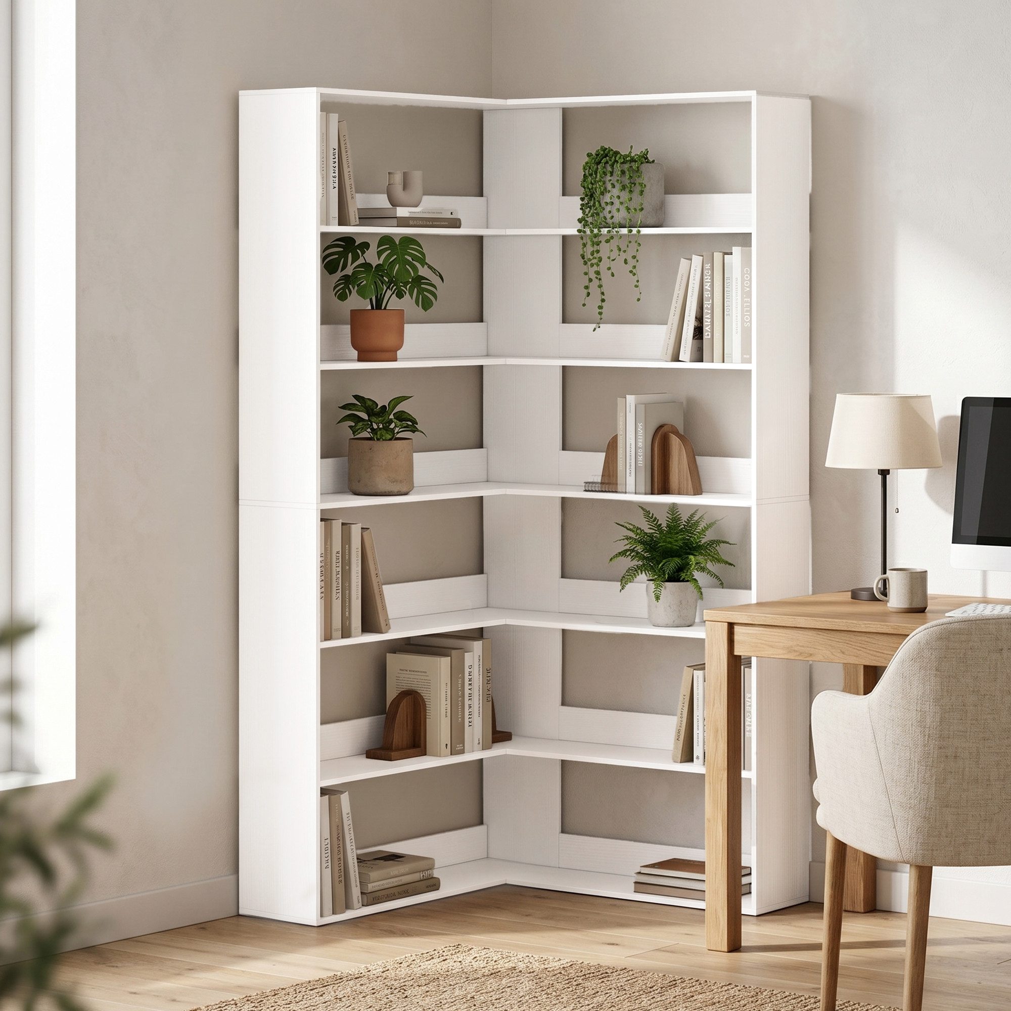HOMCOM Bücherregal Eckregal L-förmiges Regal mit Holzoptik und Rückenschutz, Standregal 1-tlg., L-förmiges Eckregal mit 7 Ebenen, 7 cm hohe Rückwand, Kippschutz