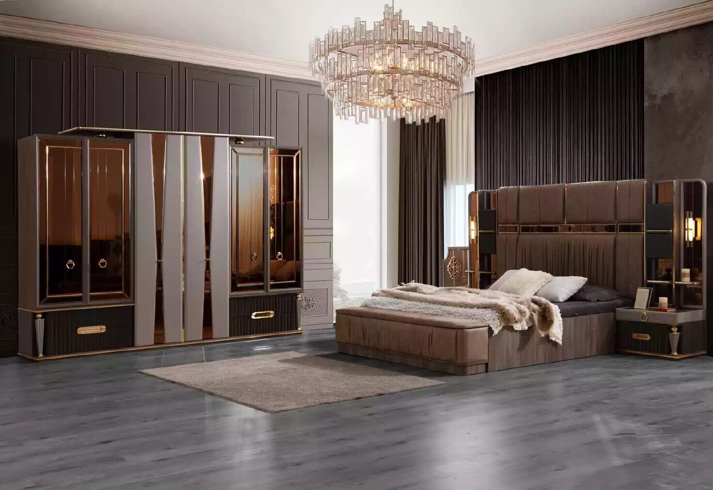 JVmoebel Schlafzimmer-Set Luxus Doppelbett Beige Stoff Bett Set 5tlg Schlafzimmer Garnitur, (5-St., Bett/Bank/2x Nachttische/Kleiderschrank), Made in Europa
