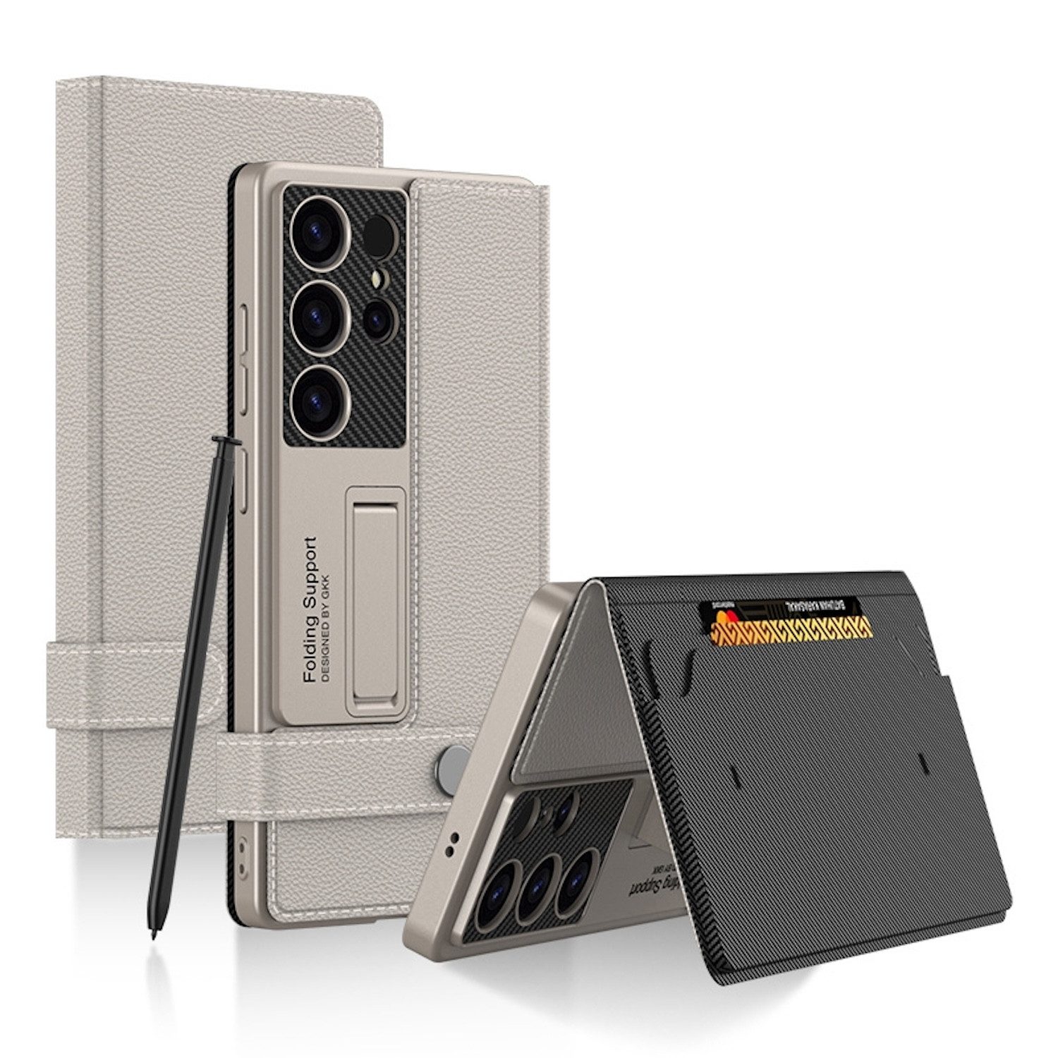 Wigento Handyhülle Für Samsung Galaxy S25 Ultra GKK Flip Wallet Leder / TPU Hülle Grau, Flip Cover, Kartenfächer, Kickstand