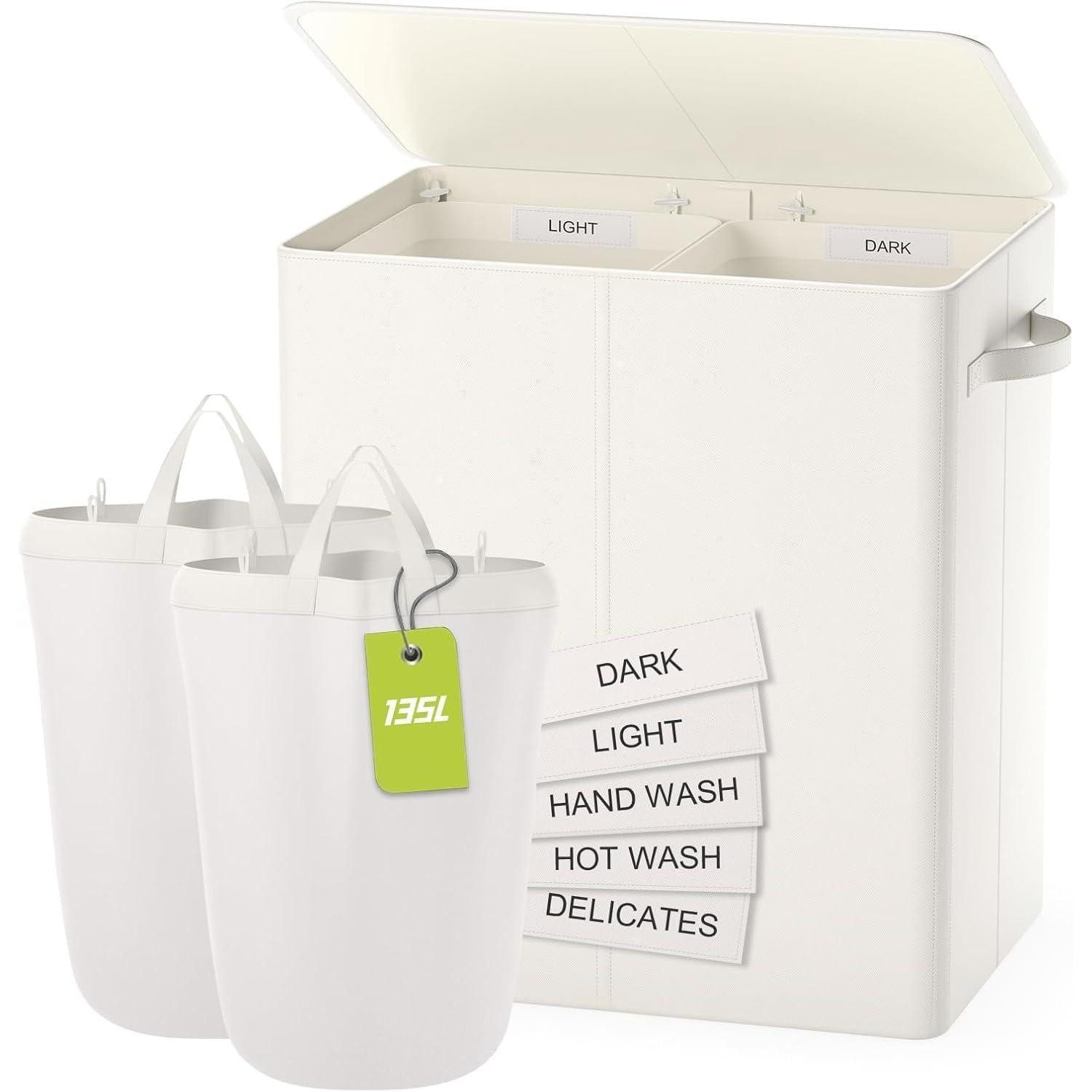 LuxusKollektion Wäschekorb Wäschekorb Deckel 2 Fächer Wäschesammler Schlafzimmer Beige 135L