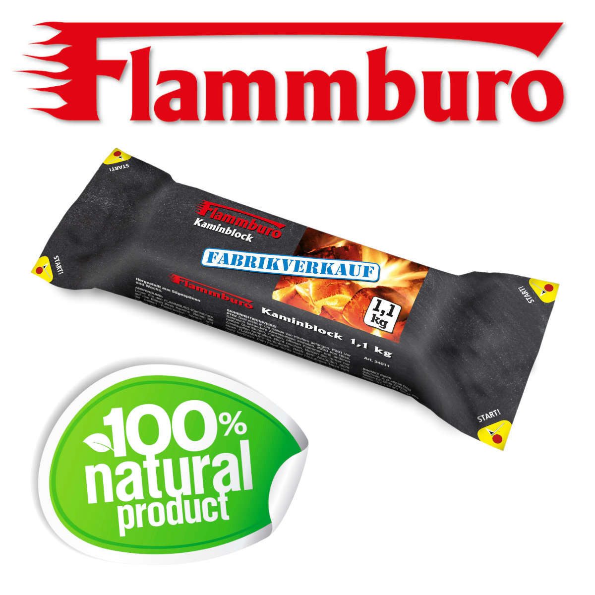 FLAMMBURO Kaminholz 10 x FLAMMBURO Kaminblock 1,1 kg - Kaminholz, Feuerholz, Brennholz, (10-St), 10 Stück, aus Holz & Wachs