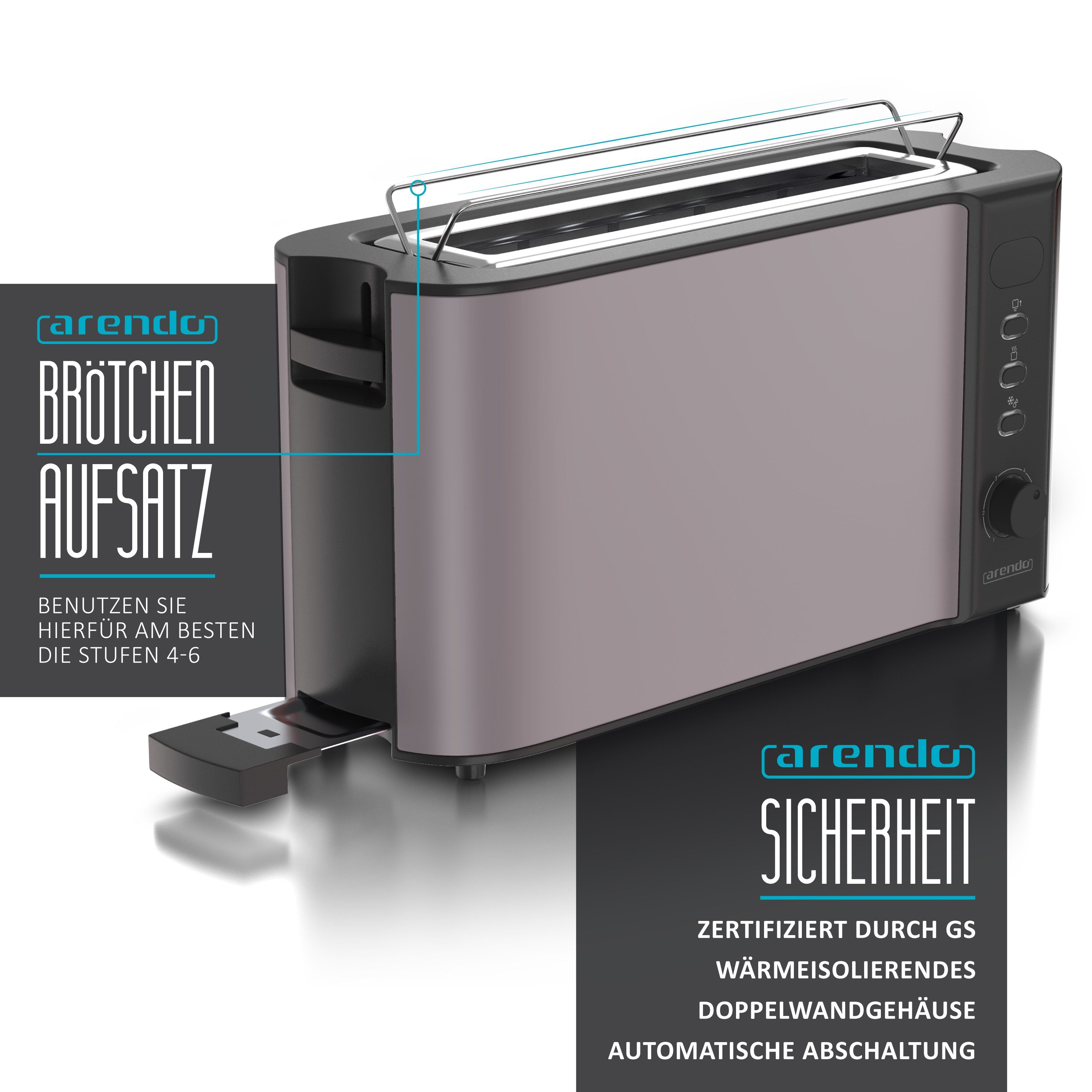 Arendo Toaster, Wärmeisolierendes 1 Langschlitz, Display langer 2 W, Schlitz, für Scheiben, 1000 Gehäuse, Brötchenaufsatz, grau/silber