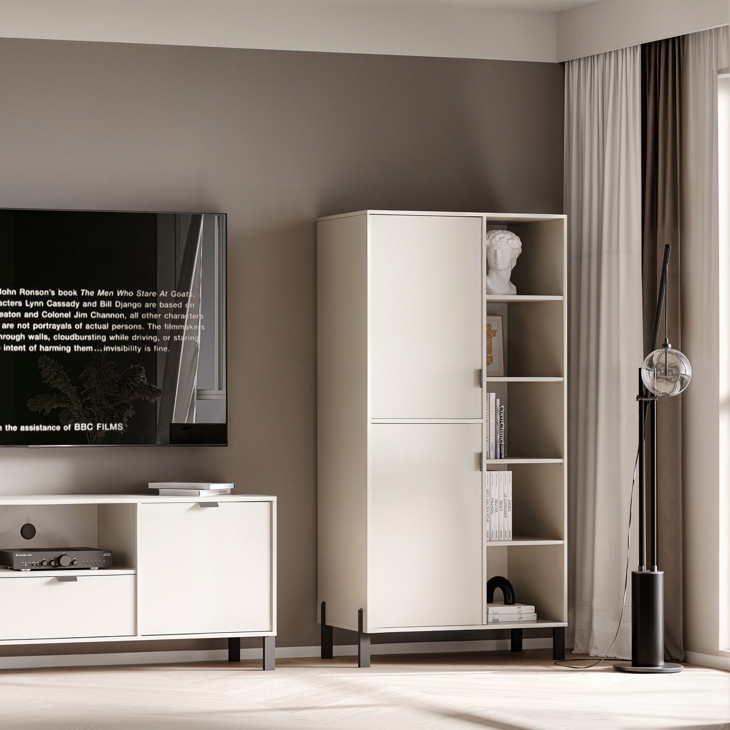 Beautysofa Bücherregal CORTINA Regal mit 2 Türen & 4 offenen Fächern, Farbe Sandbeige, Breite: 80 cm