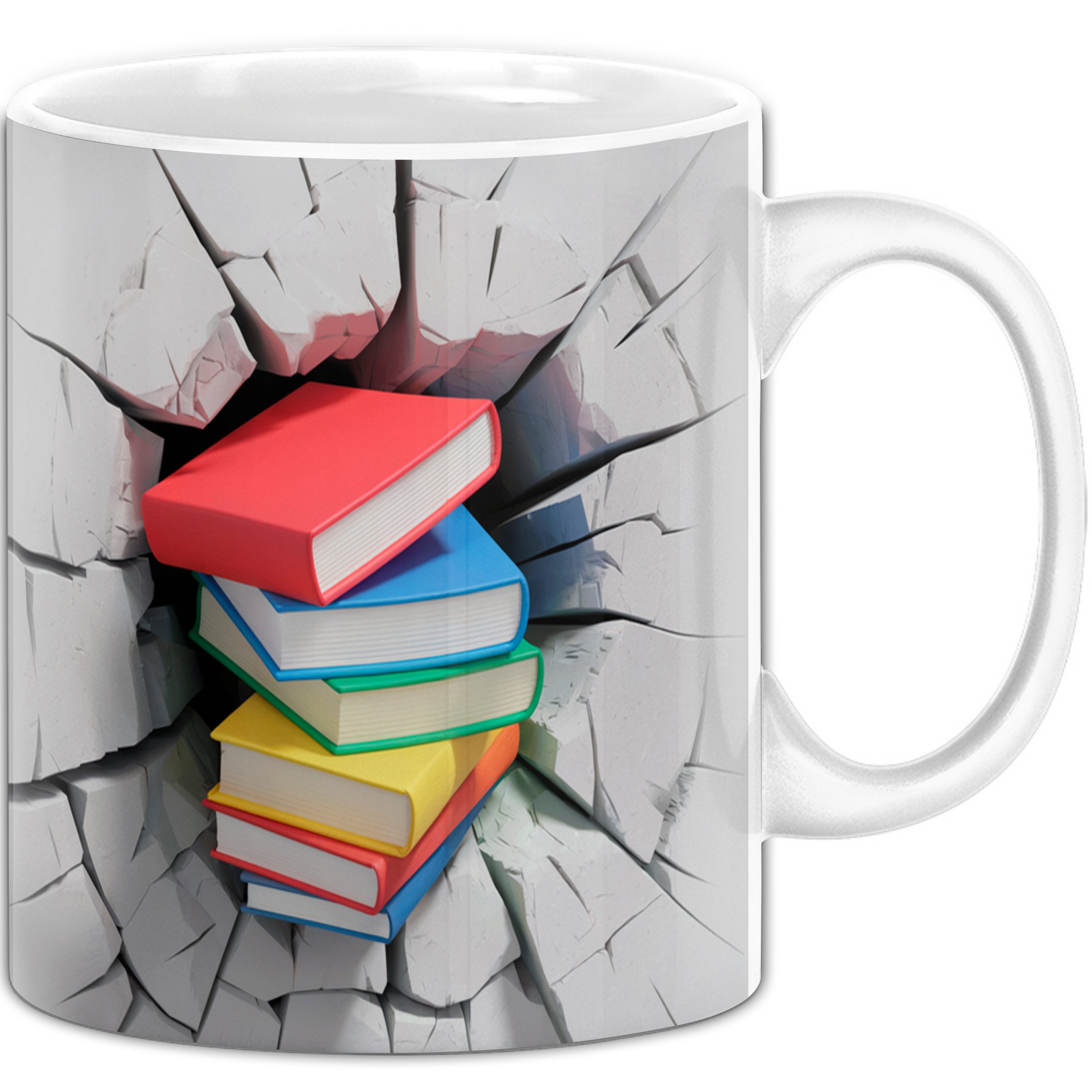 Trendation Tasse 3D Bücher Tasse Geschenk Bücher Durchbruch Wand Grafik Geschenkidee, Lustige Geschenkidee für einen Bücherliebhaber, der gerne li