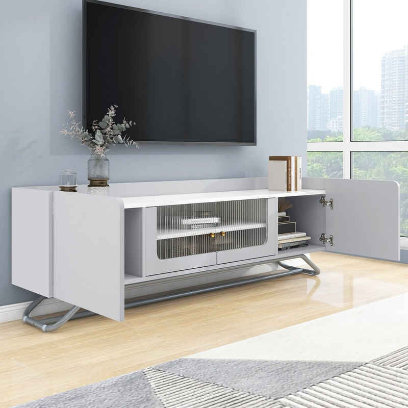 Merax Lowboard, Hochglanz Tischplatte in Marmoroptik, TV-Board mit Glastüren, TV-Schrank mit Metallfüße