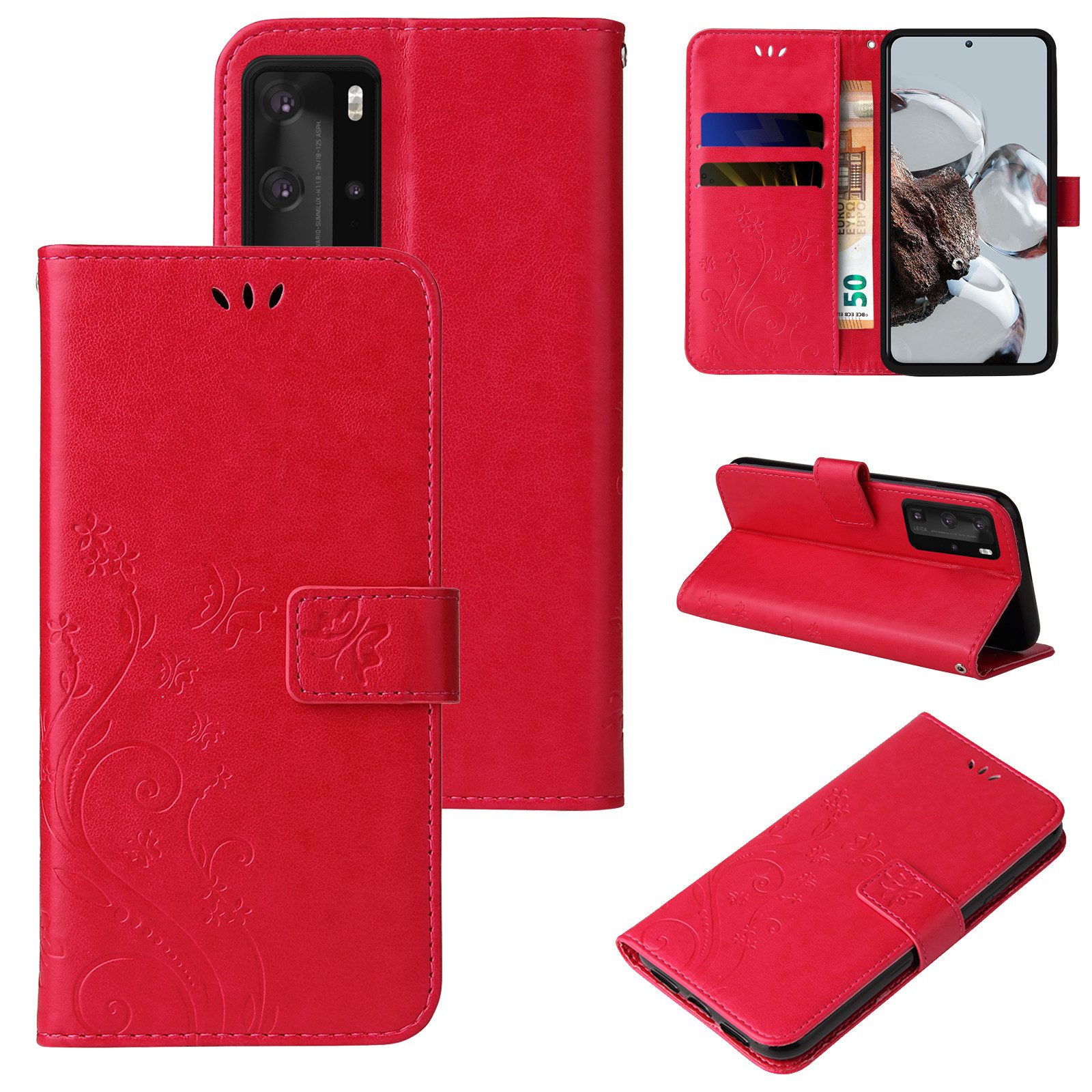 Tec-Expert Handyhülle Cover Tasche Hülle für Huawei P40 Pro 6,58 Zoll, Klapphülle Case mit Kartenfach Fliphülle aufstellbar, Motiv Blumen