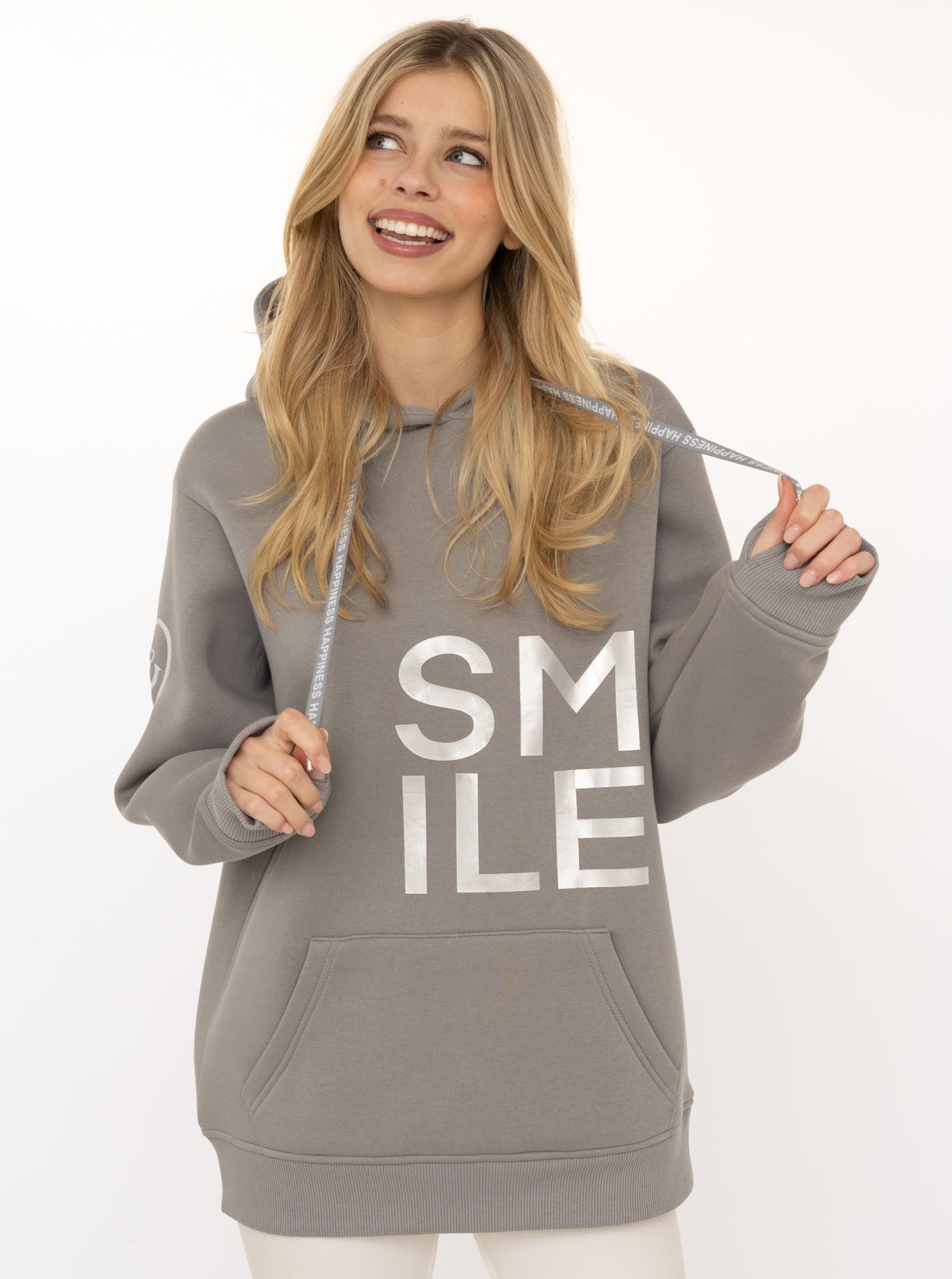 Zwillingsherz Hoodie "Alissa Shiny" glänzender Print, Daumenloch, Kordel, gesticktes Herz am Ärmel