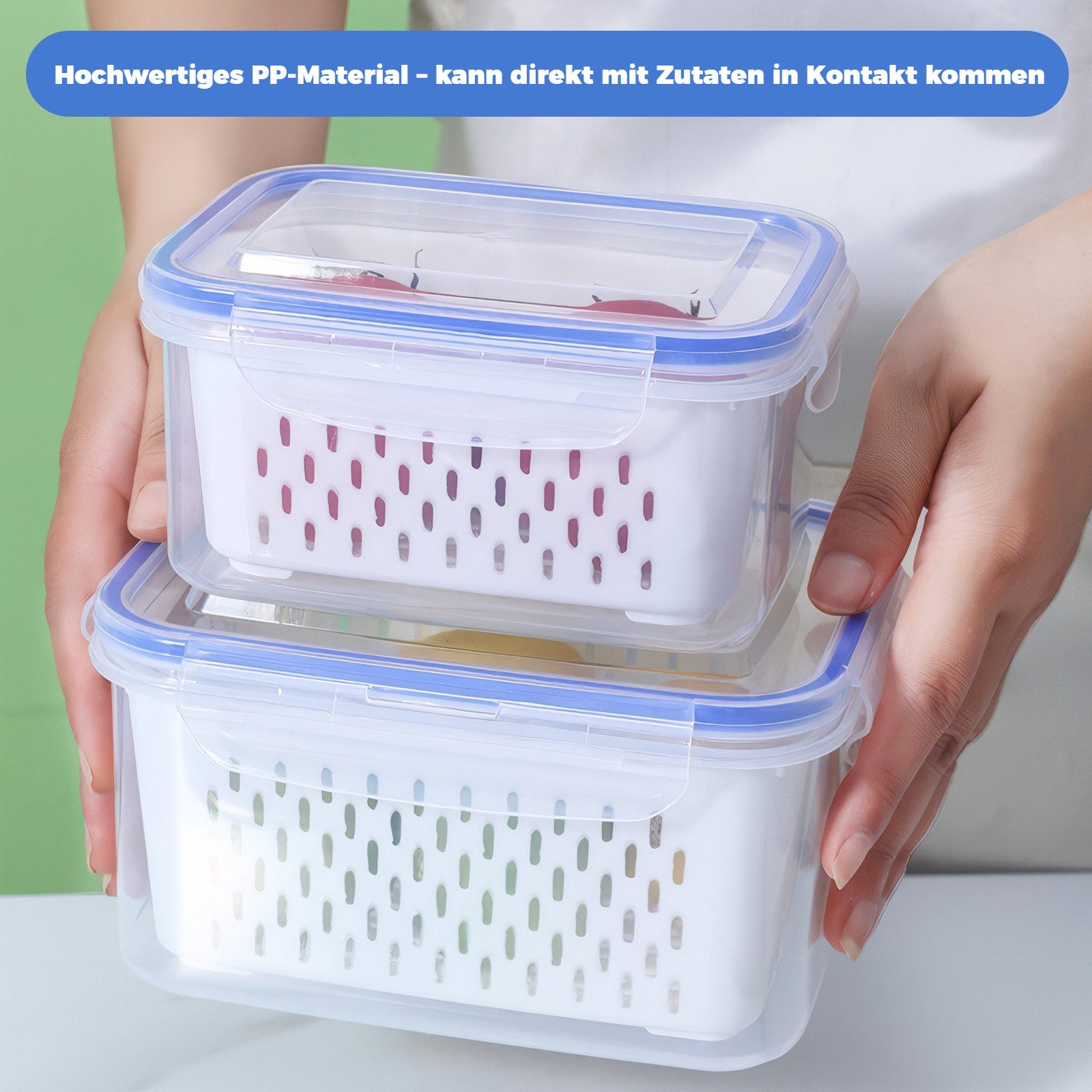 BlingBin Frischhaltedose 6 Stück Obst Aufbewahrung Kühlschrank, Abtropfen Beeren-Behälter, PP-Kunststoff, (6er Set, 6-tlg., Material: PP-Kunststoff, 0,85L+1,75L – Bild 4 von 5