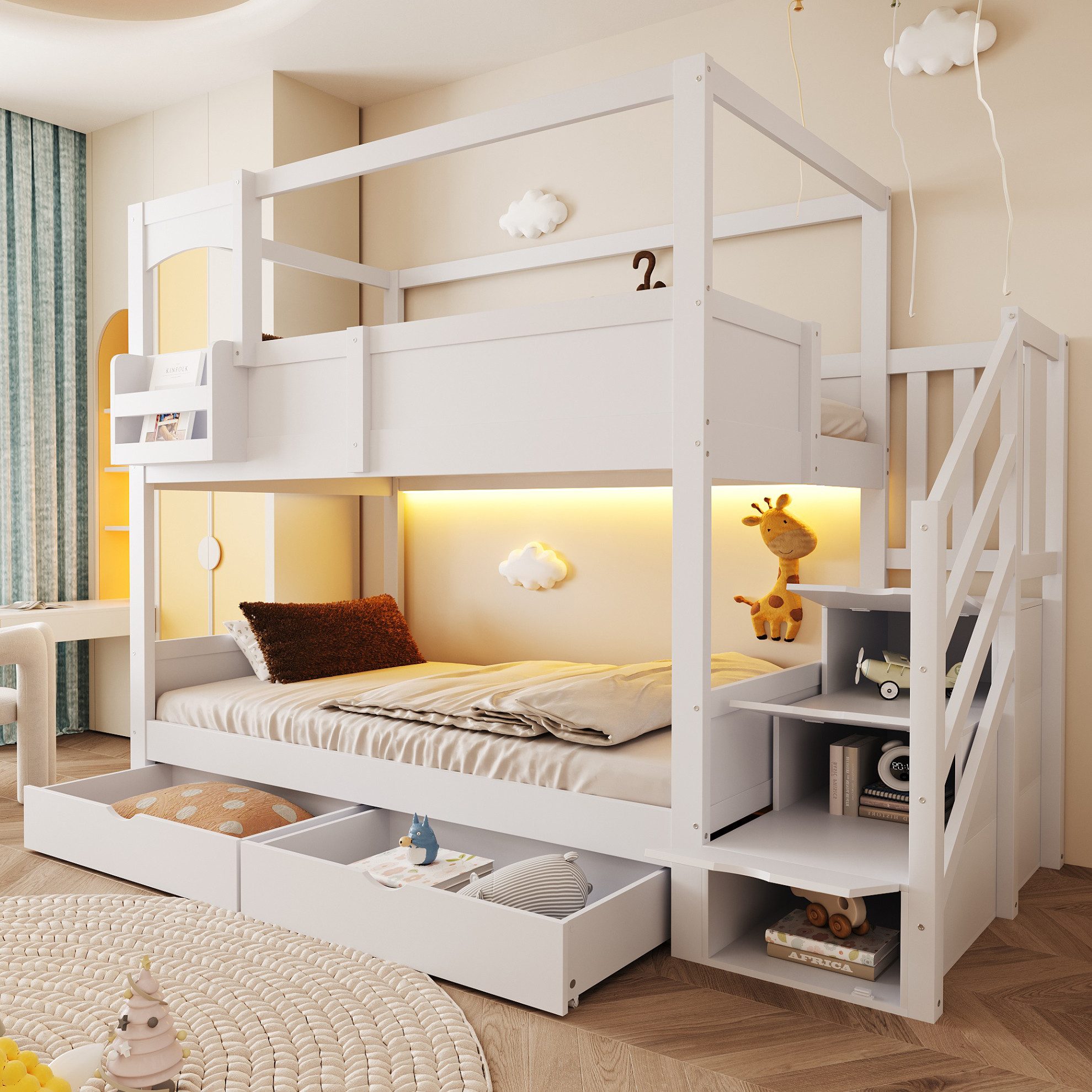 REDOM Etagenbett Kinderbett mit Spieltafel und Stauraum, Holzbett (90x200 cm, Jugendbett mit Leiter, Schubladen und vielseitigen Ablageflächen, Gästebett Stauraumbett), ohne Matratze