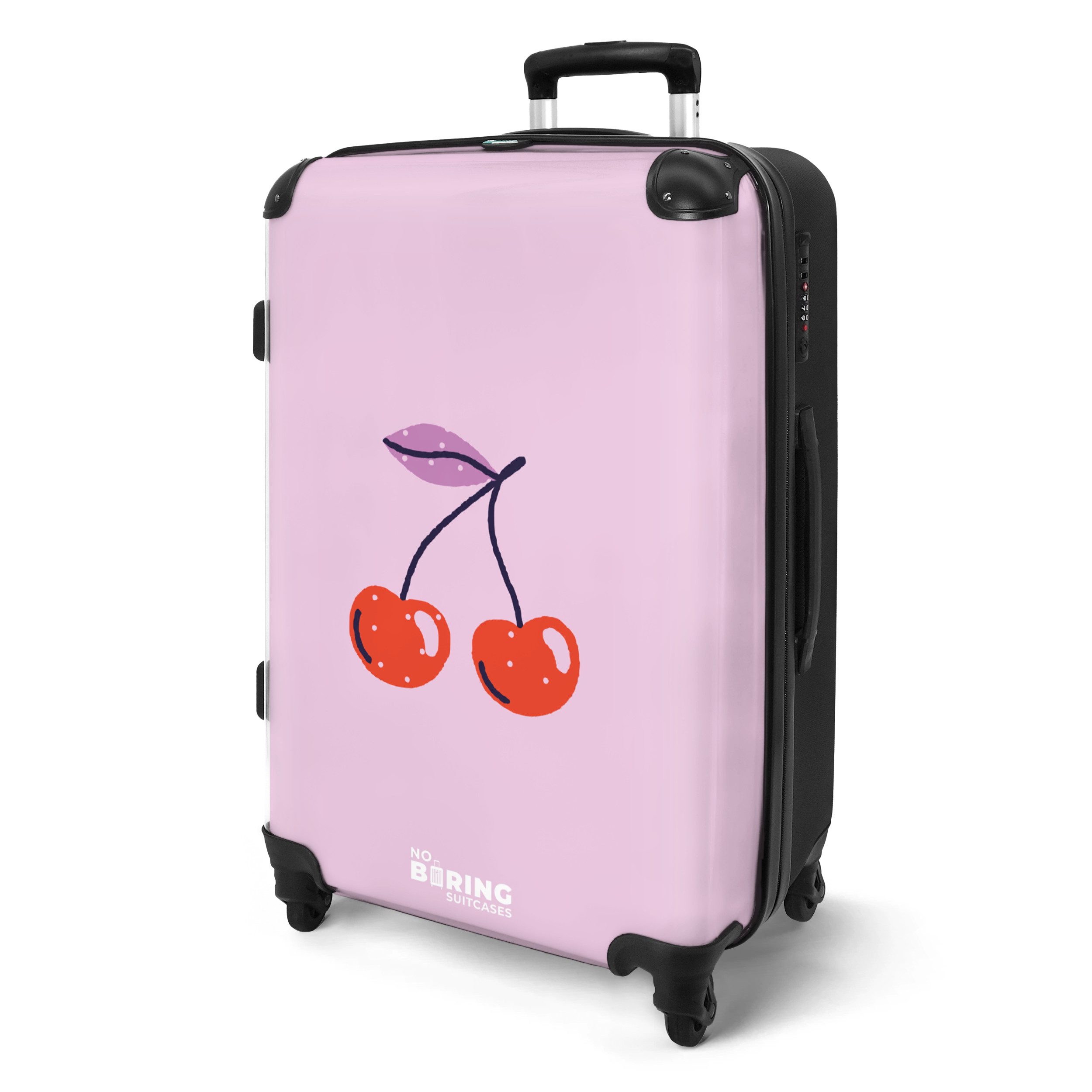 NoBoringSuitcases.com© Hartschalen-Trolley Lila mit roter Kirsche günstig online kaufen